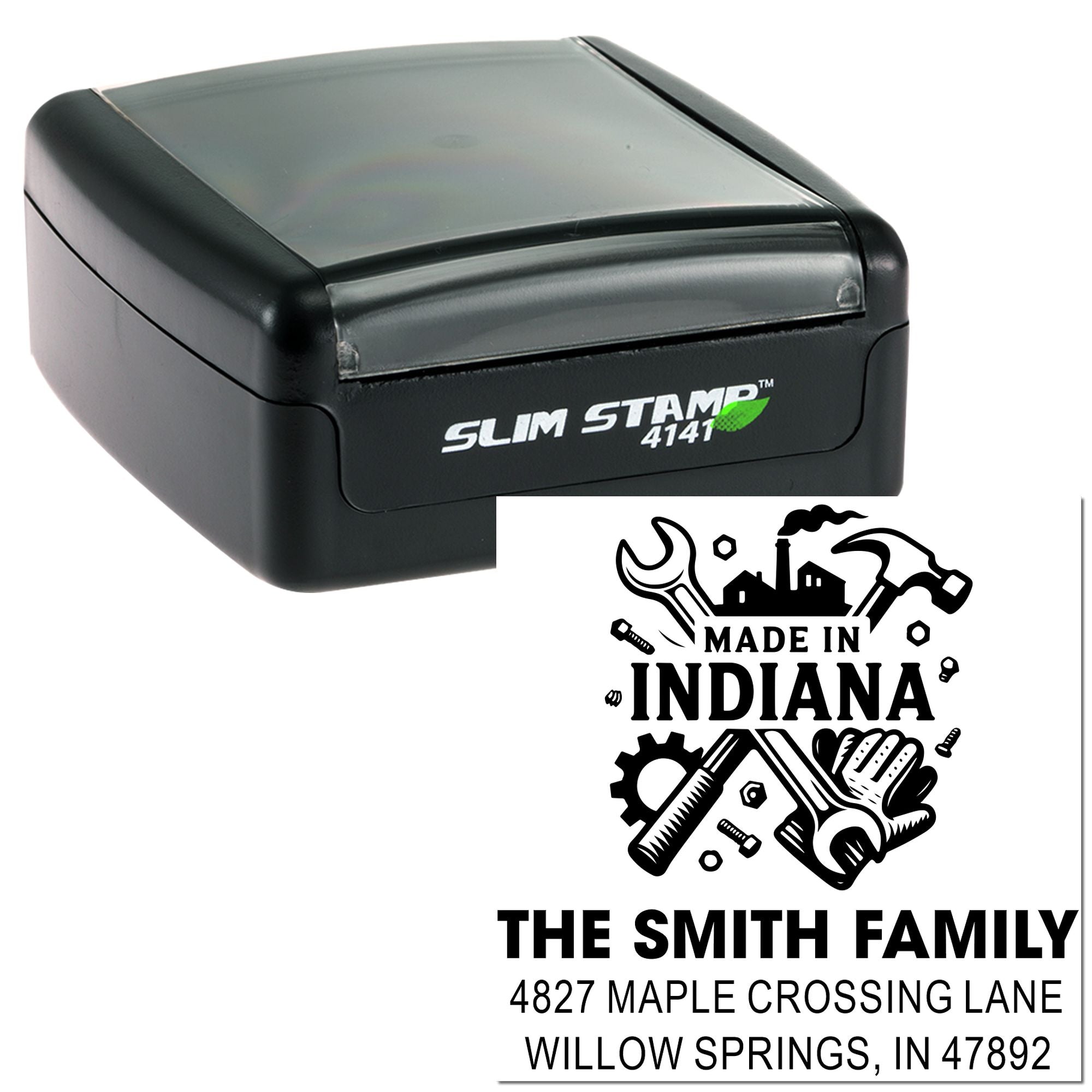 Custom self-inking rubber stamp with personalized family address design, featuring Made in Indiana and Slim Stamp 4141.
