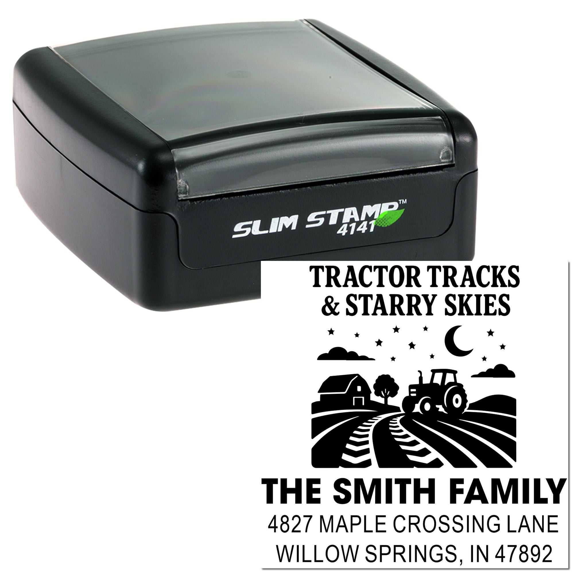 Custom self-inking rubber stamp with tractor tracks and starry skies, personalized farm return address stamp for The Smith Family.