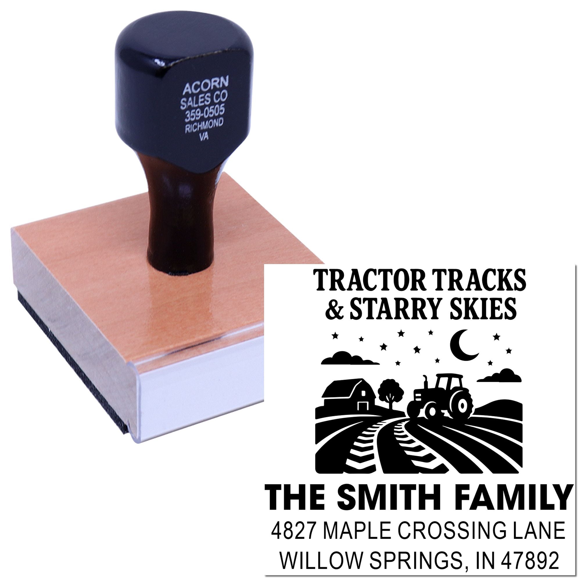 Custom family address rubber stamp with tractor tracks and starry skies farmhouse design