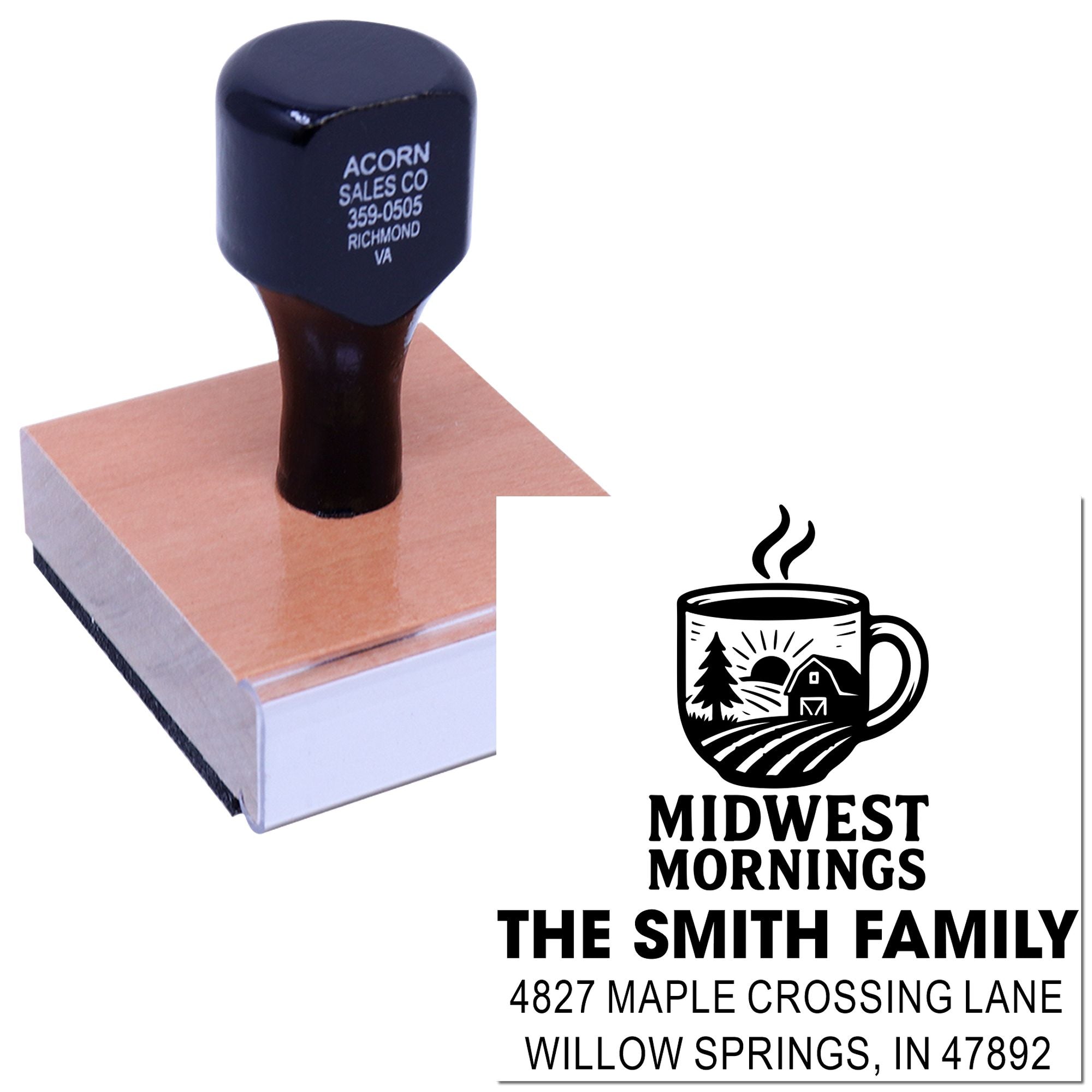 Custom rubber stamp on wooden base with Midwest Mornings family logo and address for personalized mailing and branding.