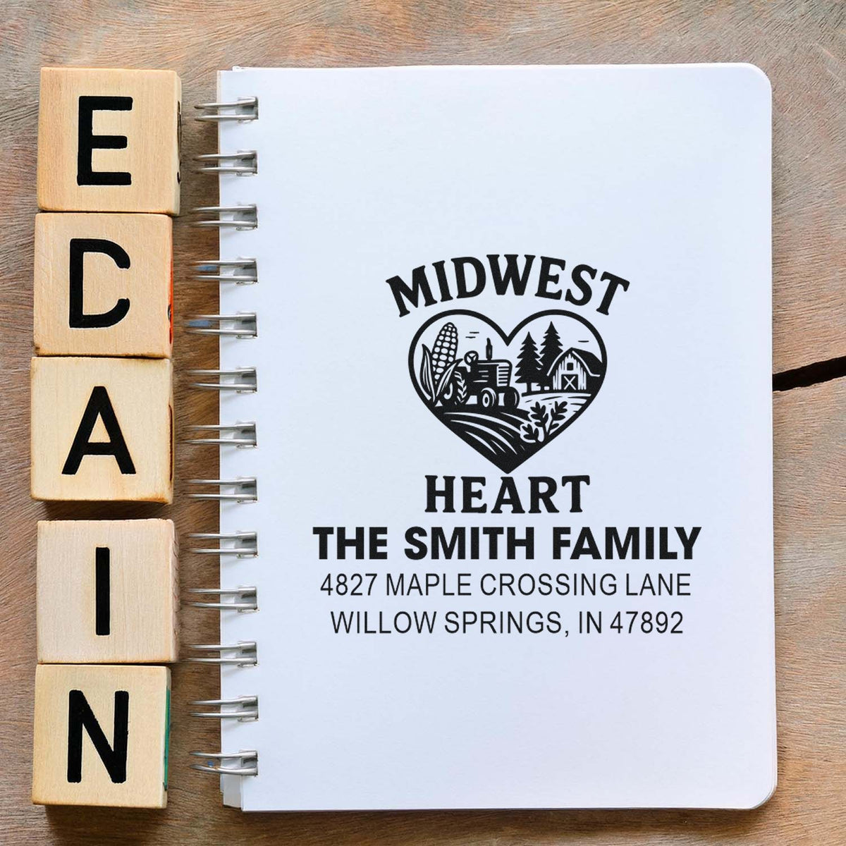 Custom family address rubber stamp on notebook with Midwest heart farm design and wooden alphabet blocks.