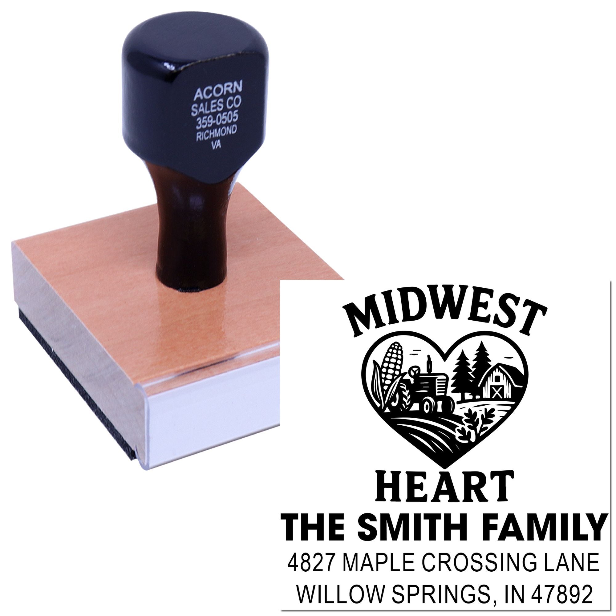 Custom return address rubber stamp with Midwest Heart family design and Smith family address imprint