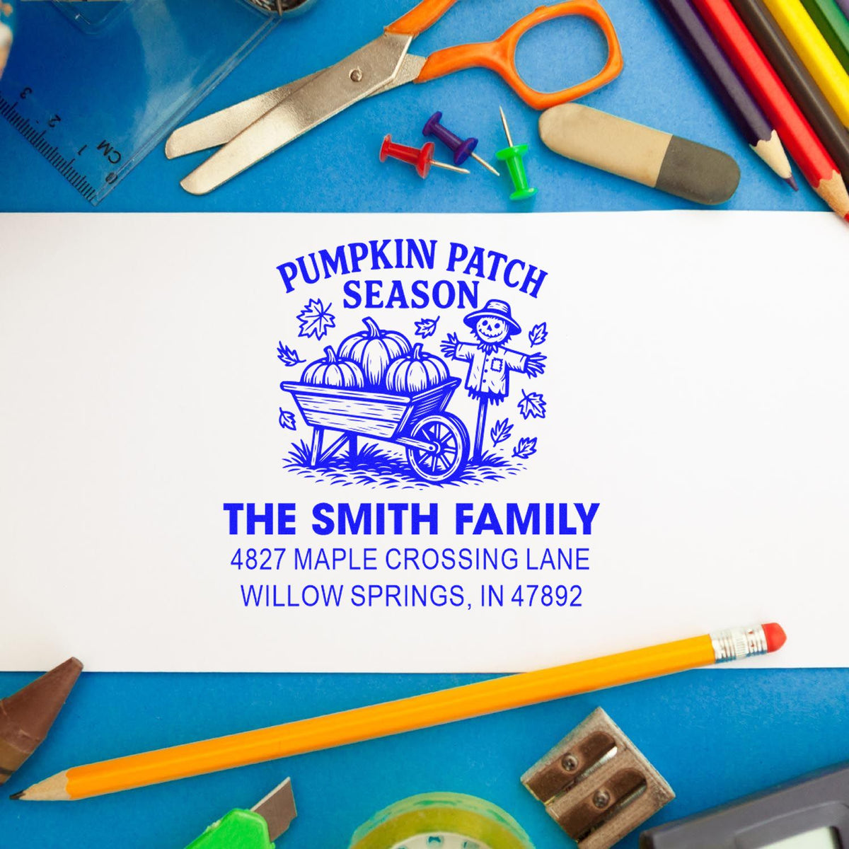 Custom address rubber stamp with pumpkin patch season design for the Smith family, ideal for fall mailings and seasonal crafts.