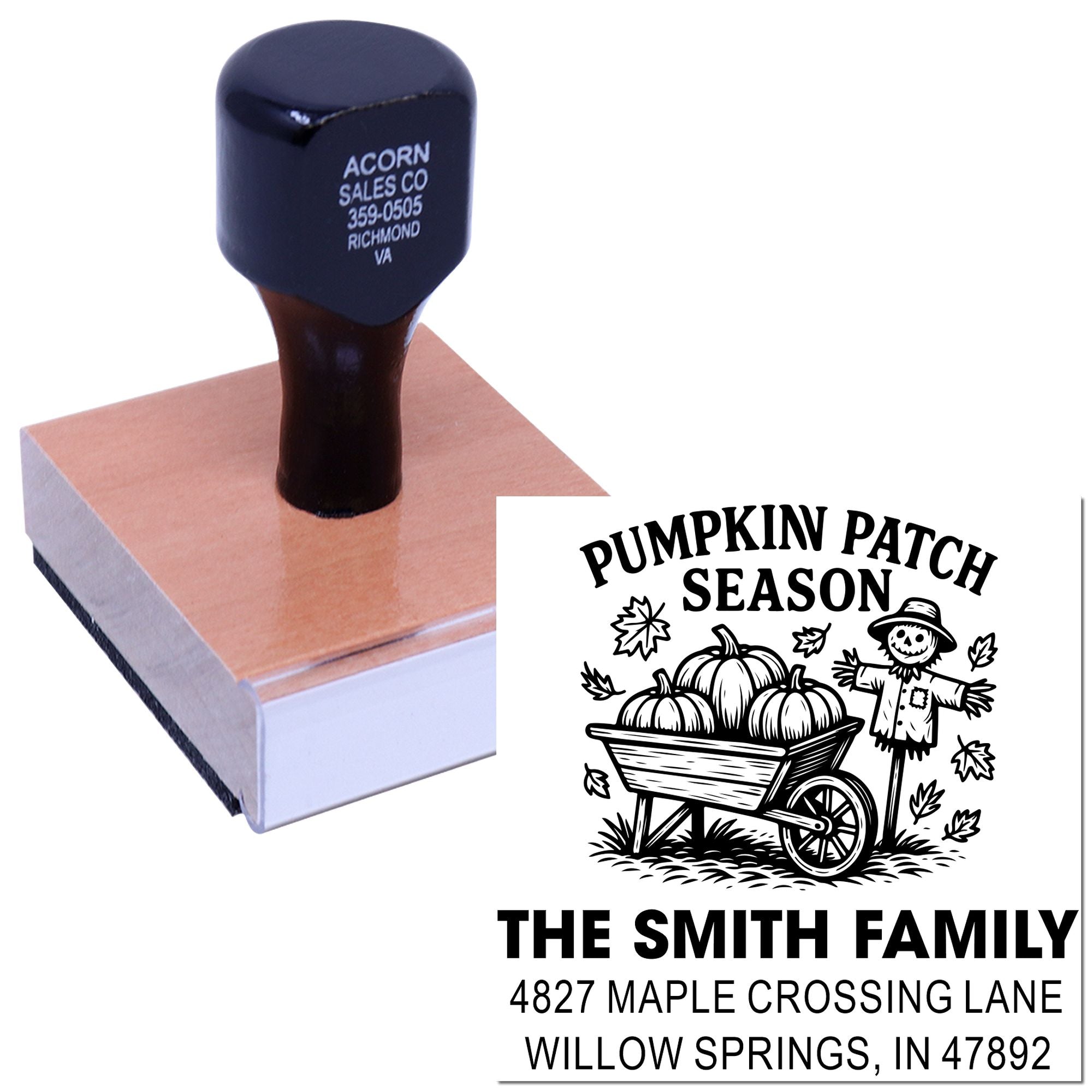 Custom address rubber stamp with Pumpkin Patch Season fall design, pumpkins, scarecrow, and The Smith Family mailing address.
