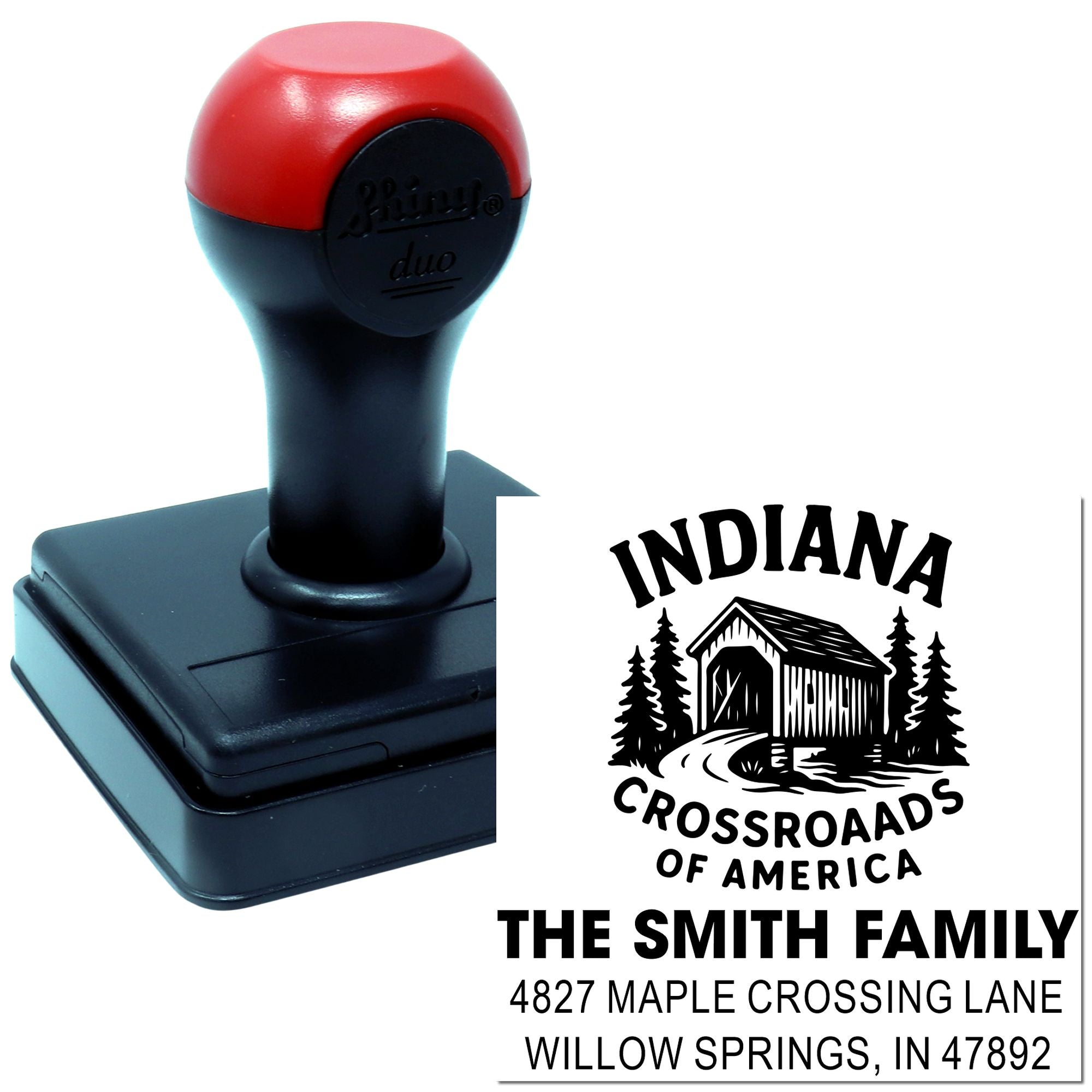 Custom self-inking rubber address stamp with Indiana Crossroads of America design for The Smith Family return address