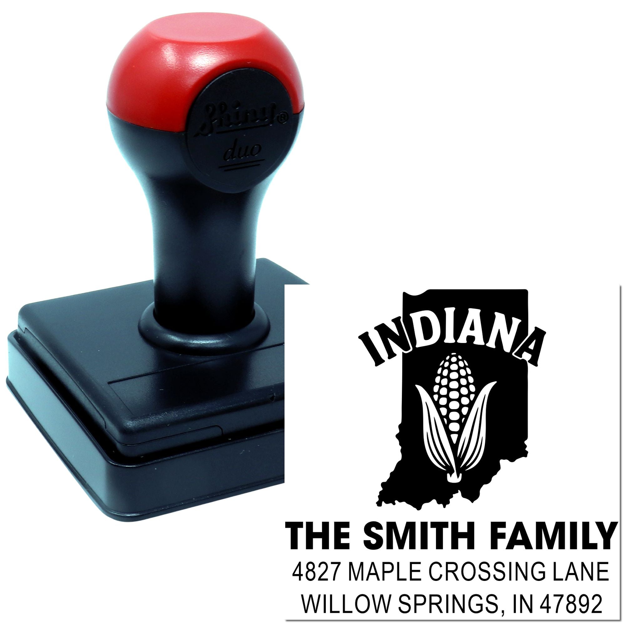 Custom Indiana address rubber stamp with self-inking handle, personalized family name, corn design, and mailing address.