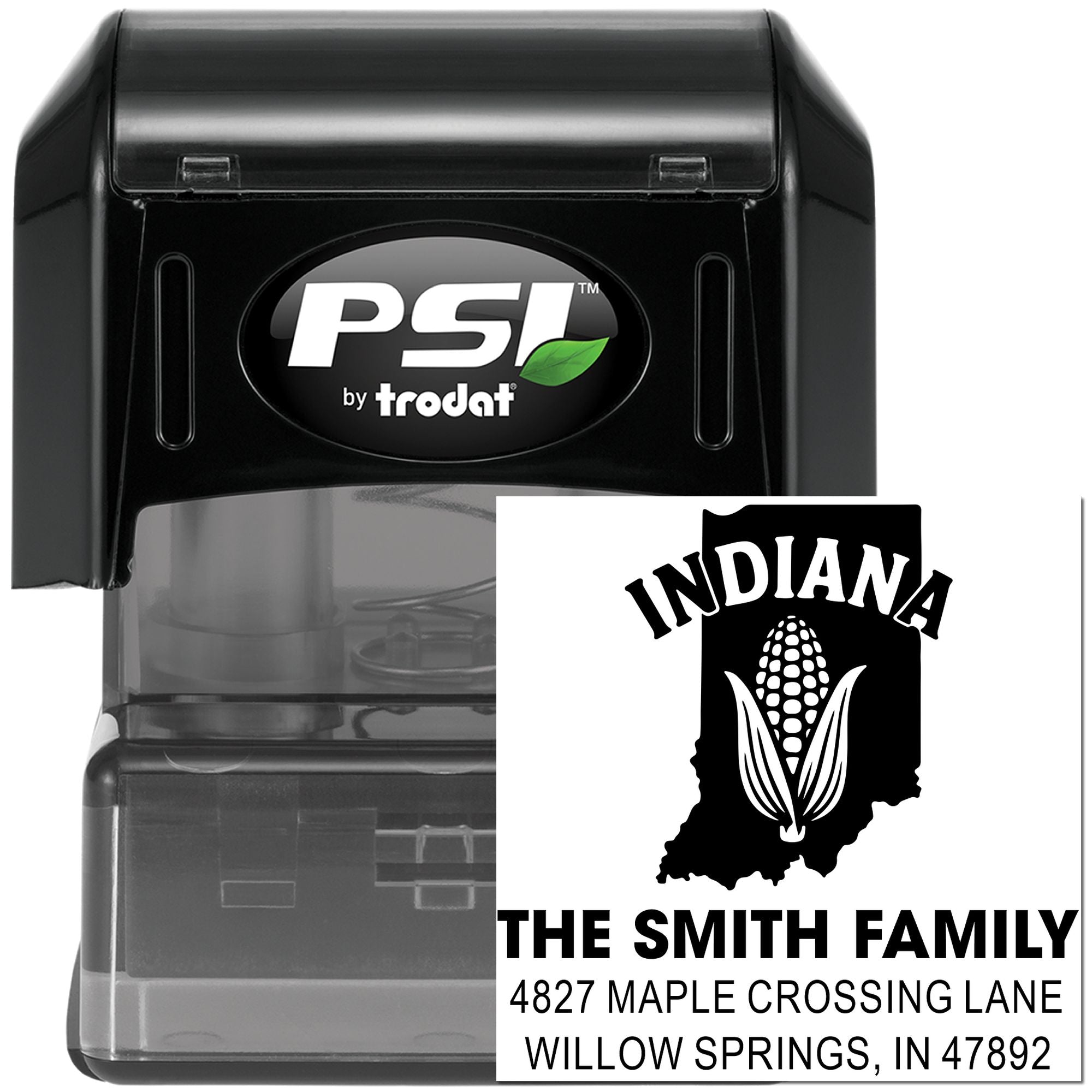 PSI by Trodat custom self-inking address stamp with Indiana corn design for family return mailing addresses.