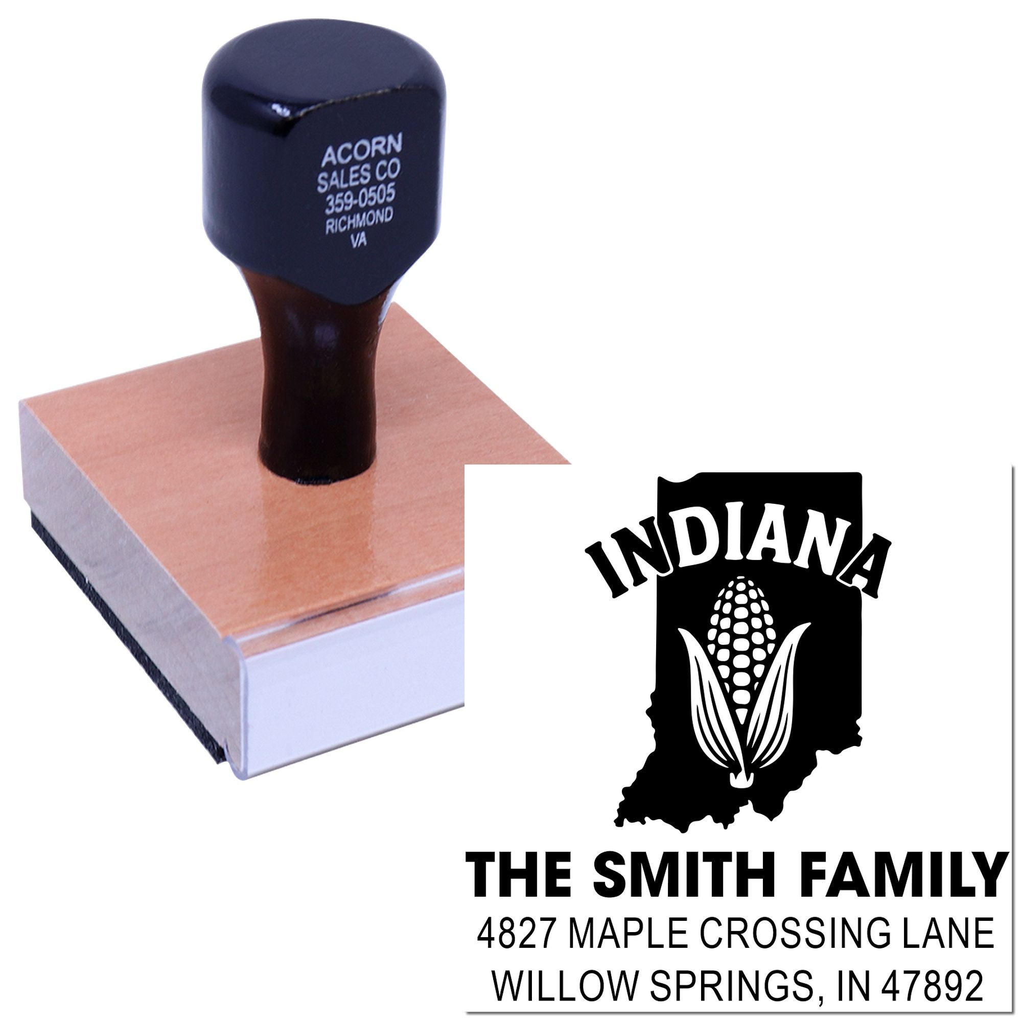 Custom rubber address stamp featuring Indiana family name and corn logo for personalized mail and return address use.