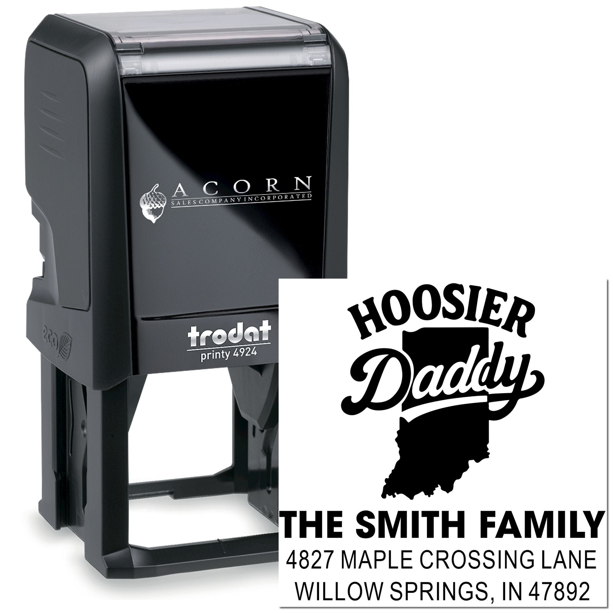 Custom self-inking rubber address stamp with Hoosier Daddy family design, shown in Trodat Printy 4924 case.