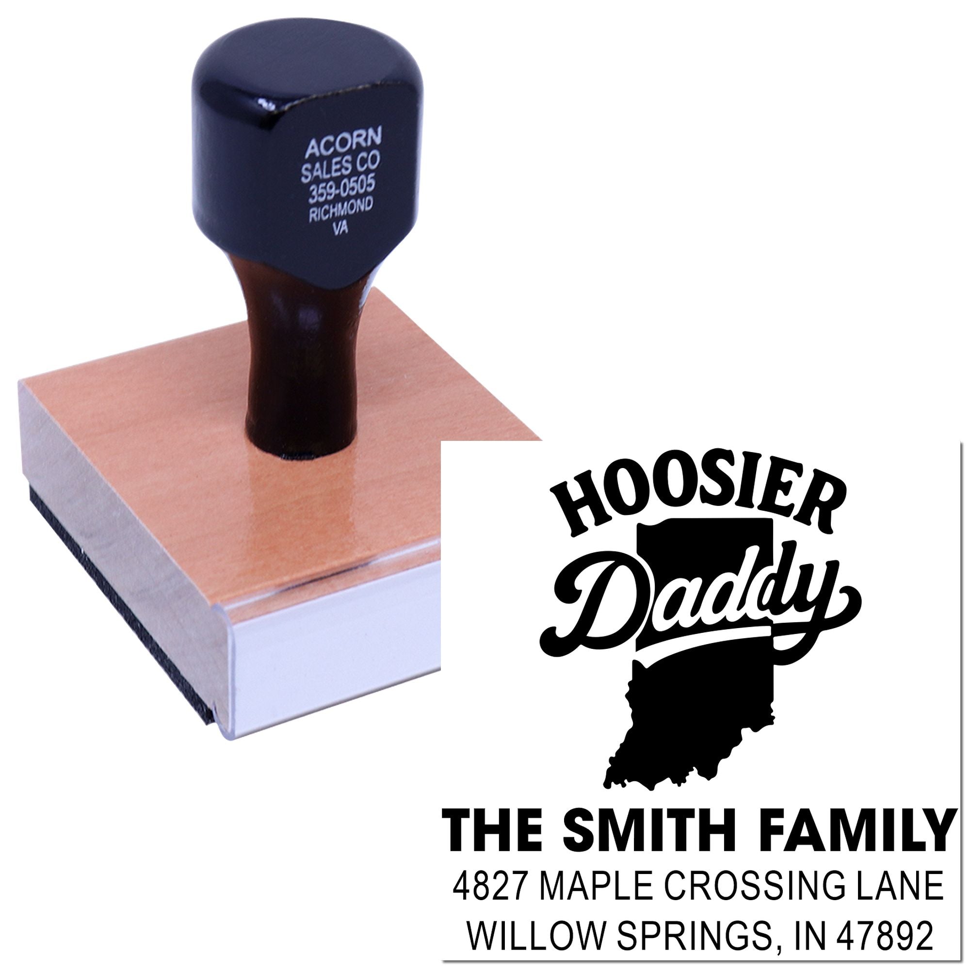 Custom Hoosier Daddy rubber address stamp showing Indiana family return address imprint for personalized mail.