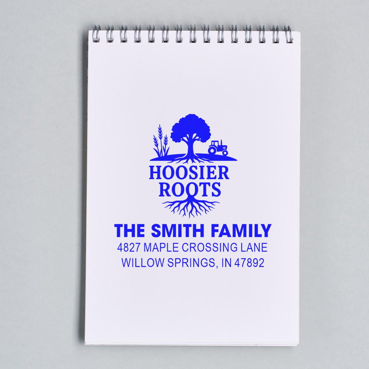 Custom family address rubber stamp with Hoosier Roots tree logo, The Smith Family, and Willow Springs, Indiana.