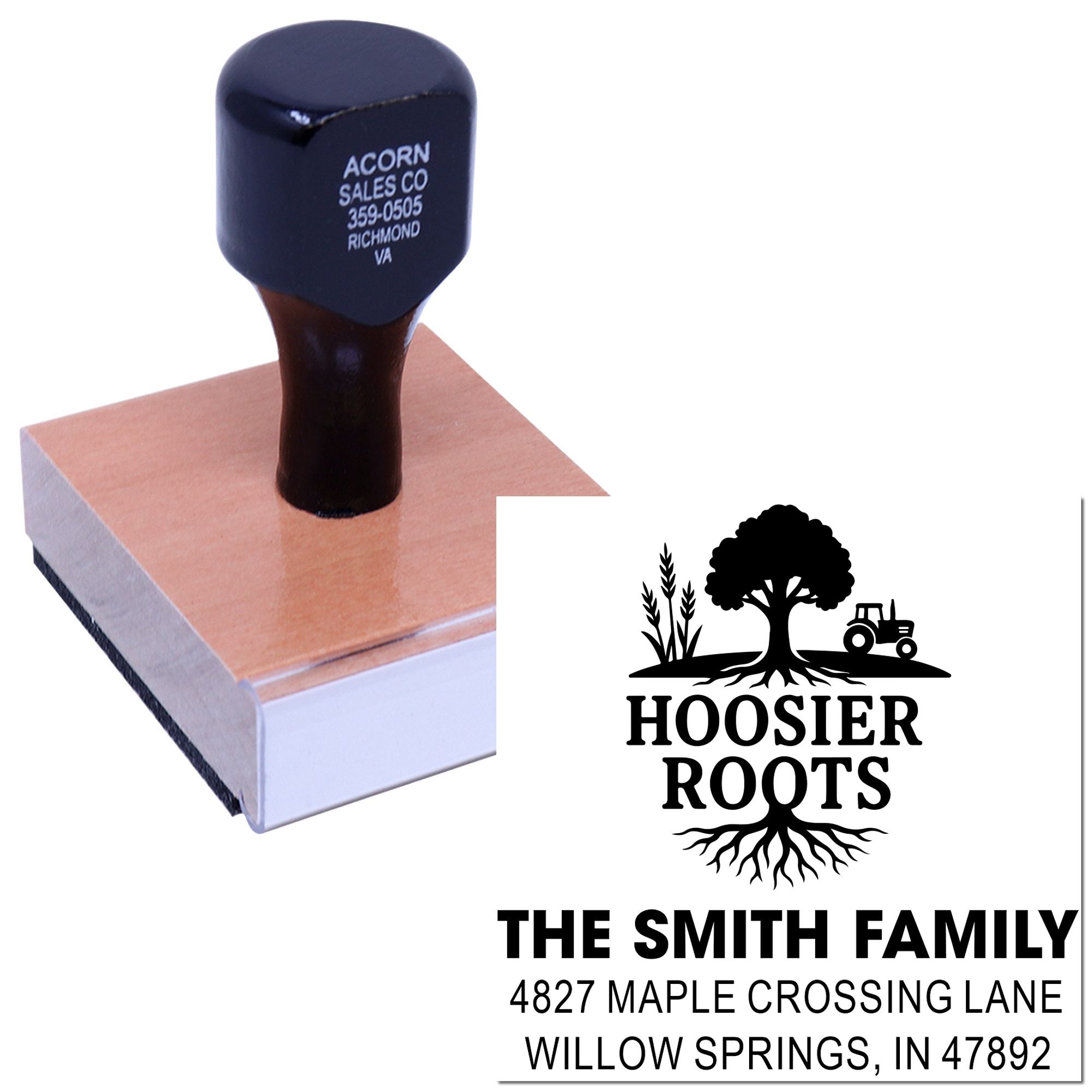 Custom rubber stamp with Hoosier Roots farm logo and return address for personalized family or business mailings.