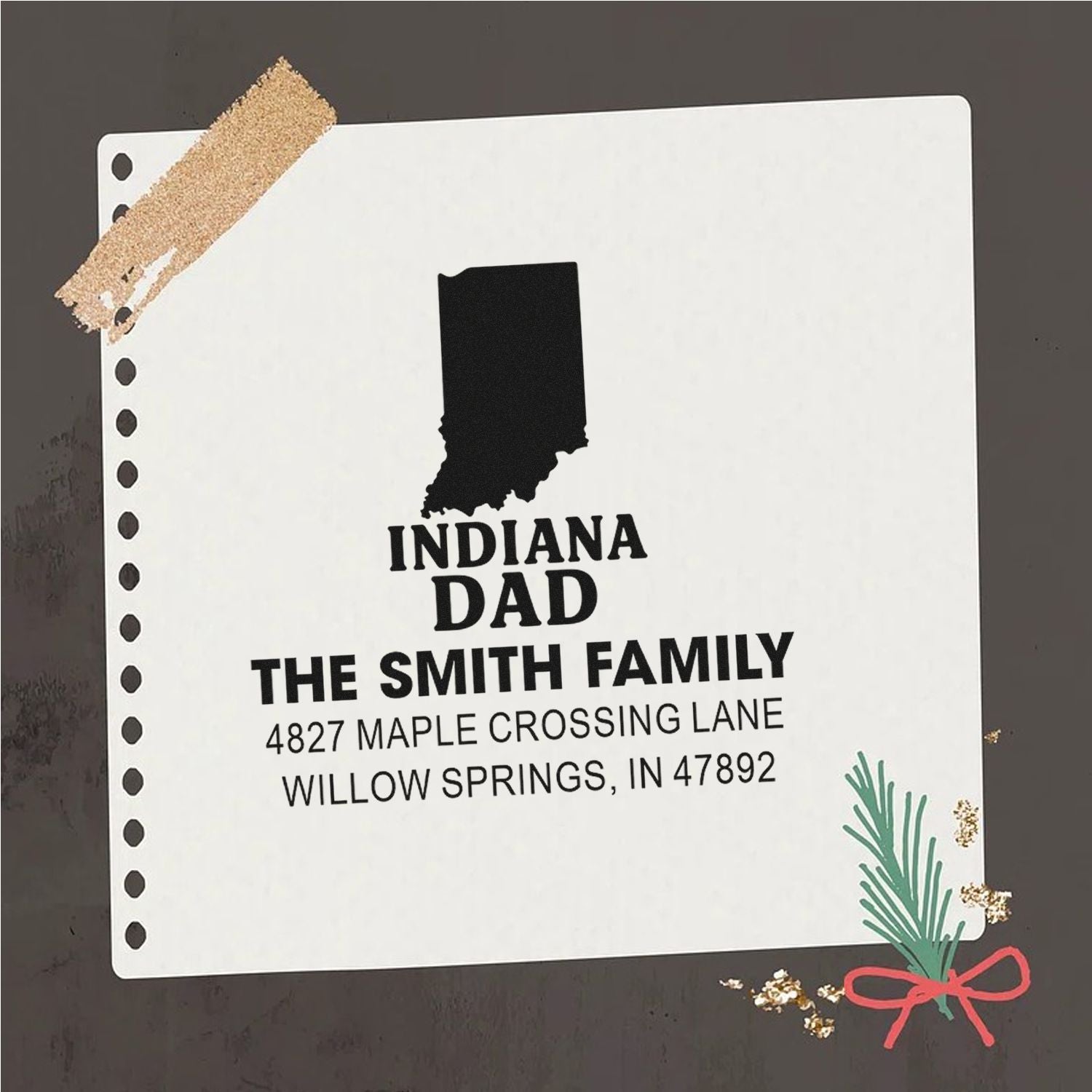 Custom Indiana Dad address rubber stamp with Indiana silhouette, family name, and return address on a notebook-style card.