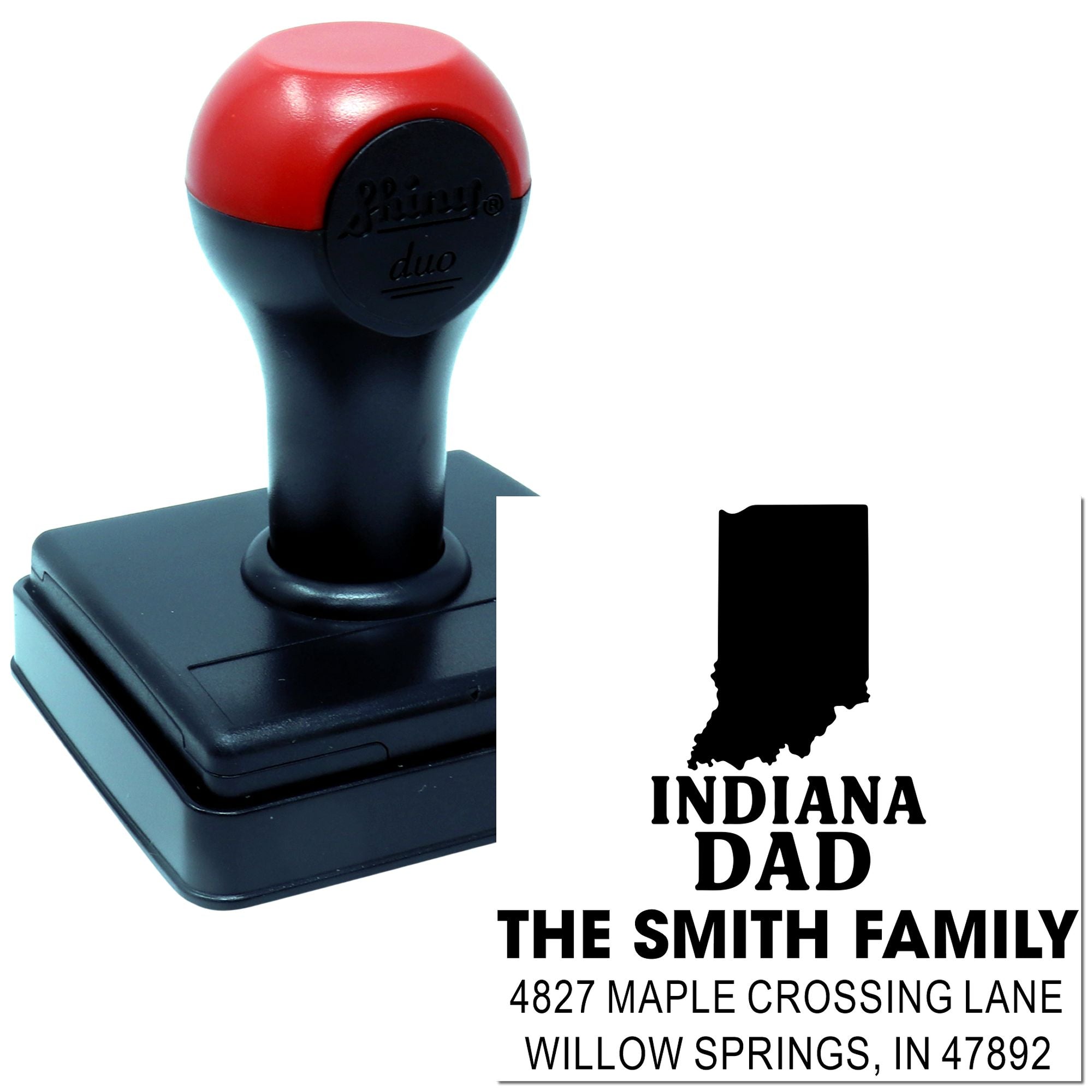 Custom self-inking rubber address stamp with Indiana DAD design, family name, and mailing address for return envelopes.
