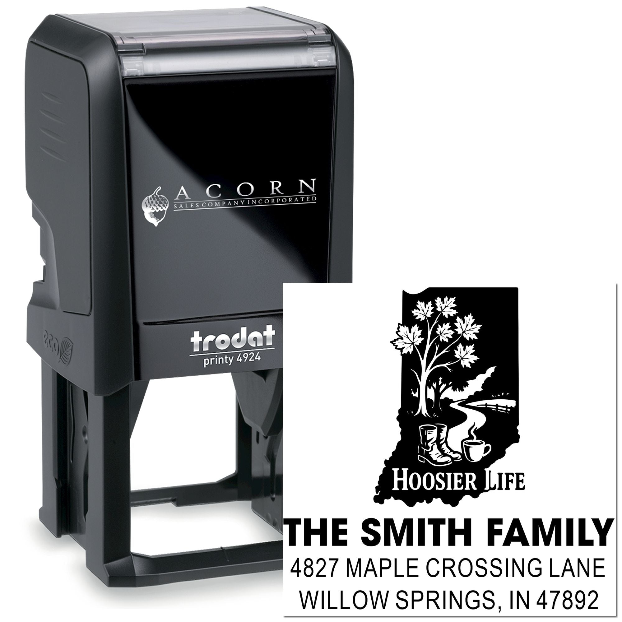 Custom self-inking rubber stamp with Hoosier Life design, family name, and address imprint for personalized mailing.