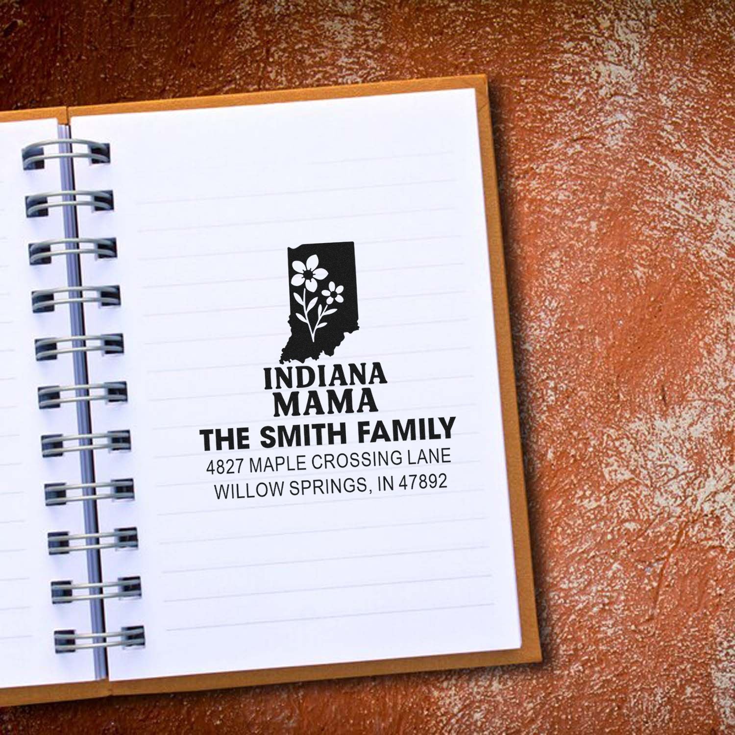 Indiana Mama custom address rubber stamp with floral state silhouette, personalized for The Smith Family and home address.