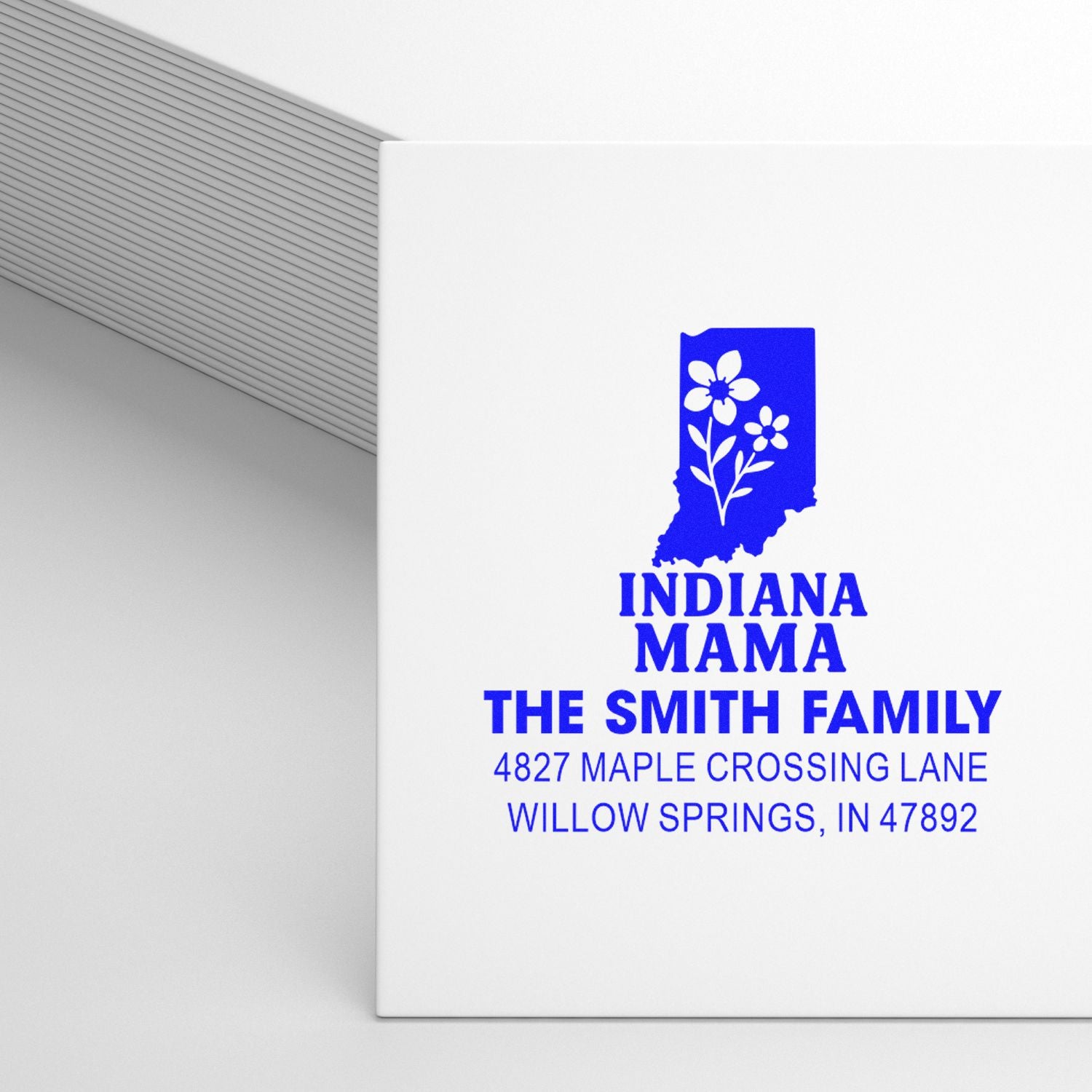 Custom Indiana Mama return address rubber stamp with floral state design for The Smith Family.