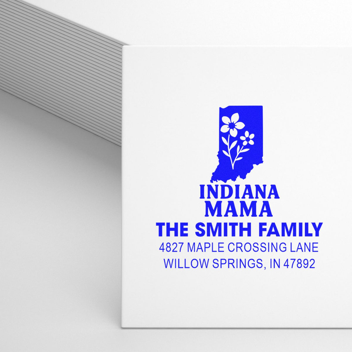 Custom Indiana Mama return address rubber stamp with floral state design for The Smith Family in Willow Springs, IN.