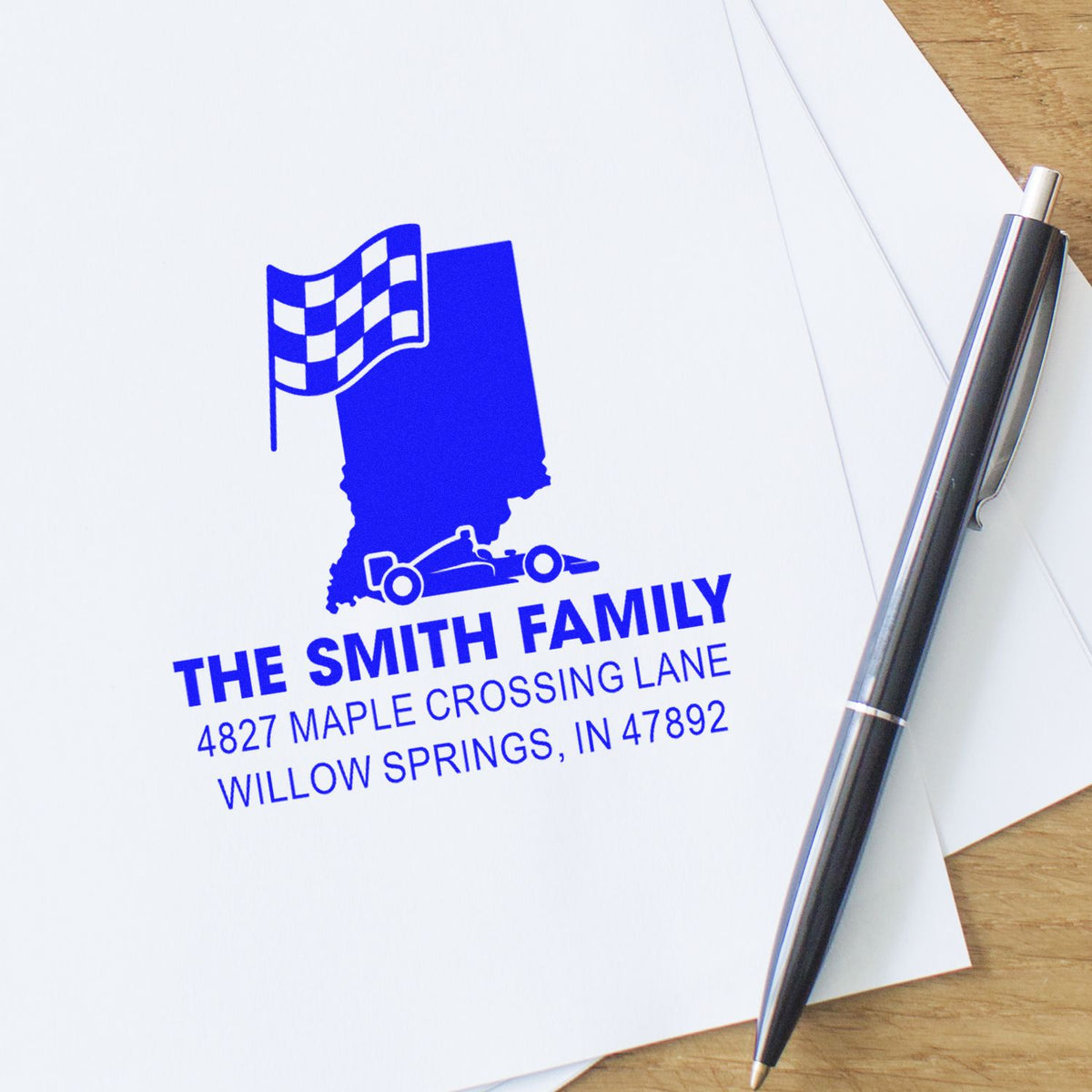 Custom rubber return address stamp for The Smith Family with Indiana racing theme and race car design