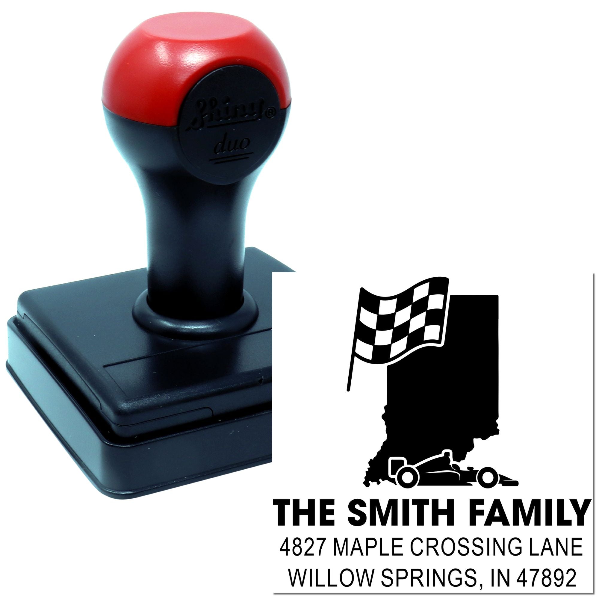Custom self-inking return address rubber stamp with Indiana racing flag design for The Smith Family.