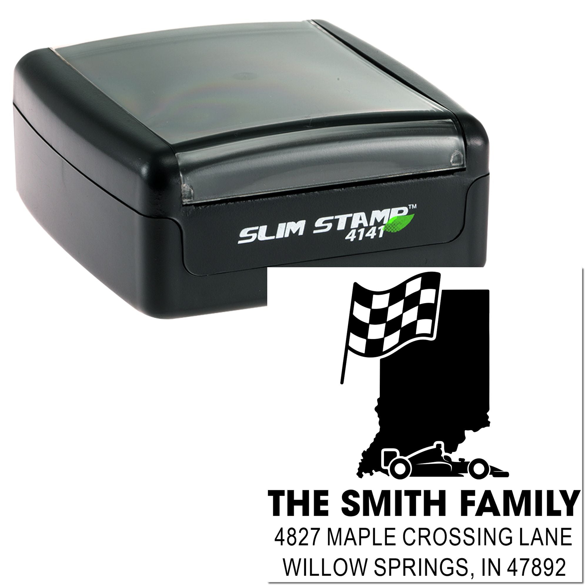 Self-inking rubber stamp with custom Indiana race car return address design for The Smith Family mailing labels and envelopes