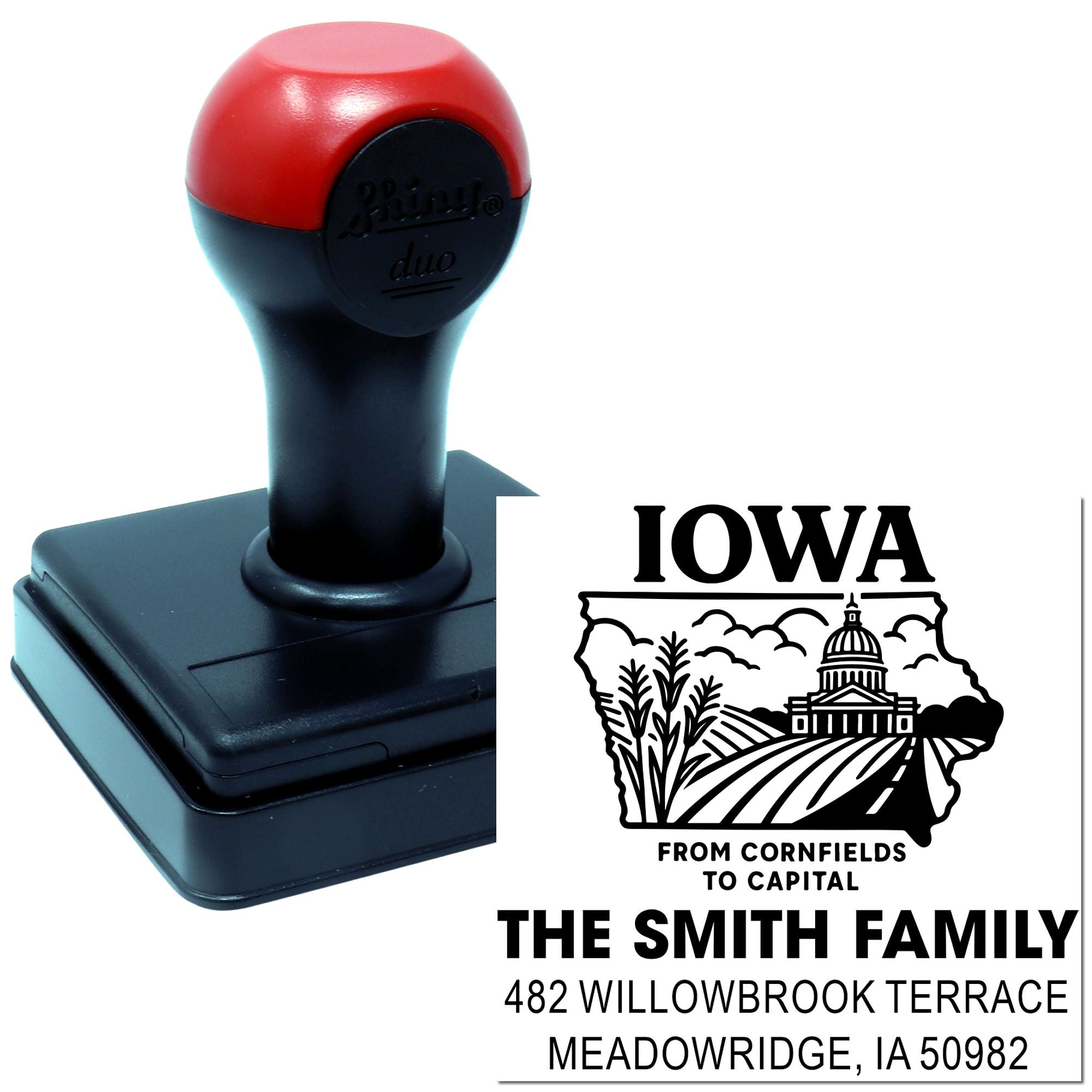 Custom self-inking Iowa rubber stamp for The Smith Family, featuring a state design and return address.