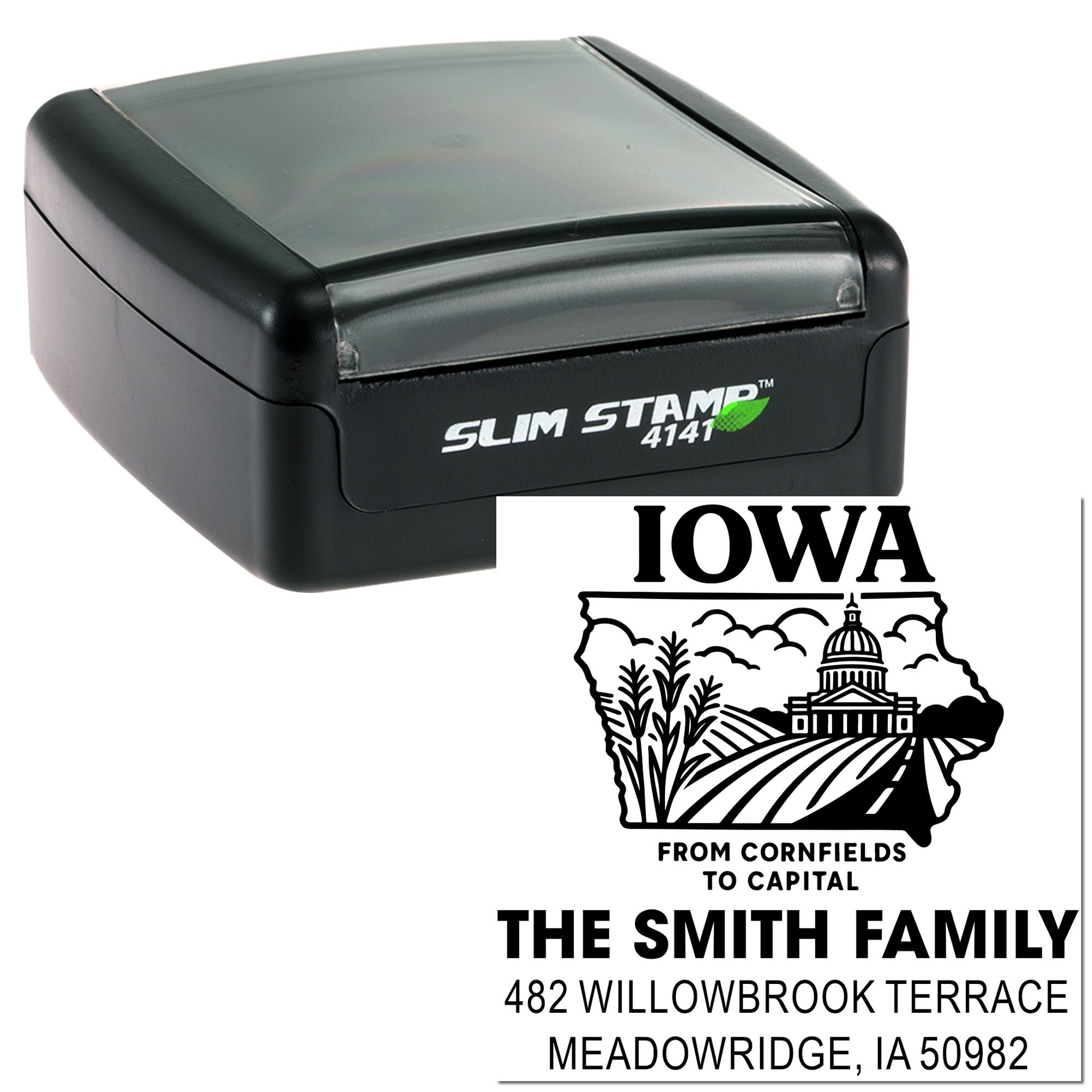 Custom self-inking Iowa address rubber stamp with The Smith Family return address and state graphic.