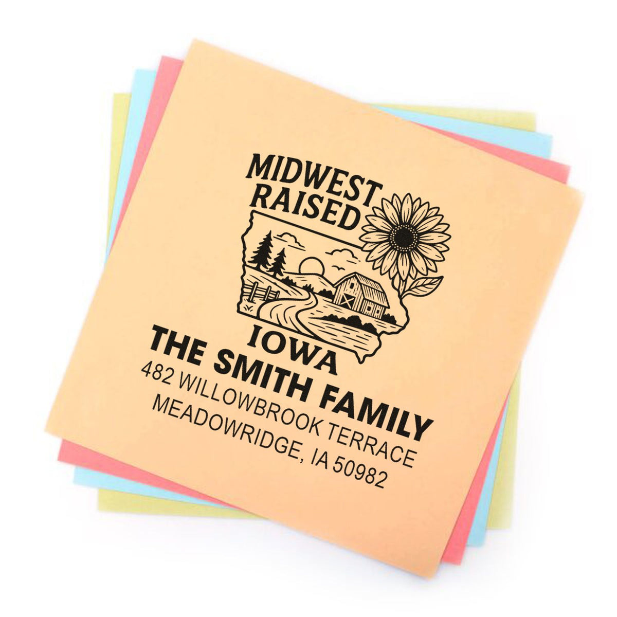 Custom Midwest Raised family return address rubber stamp with sunflower and Iowa farmhouse design for personalized mailings