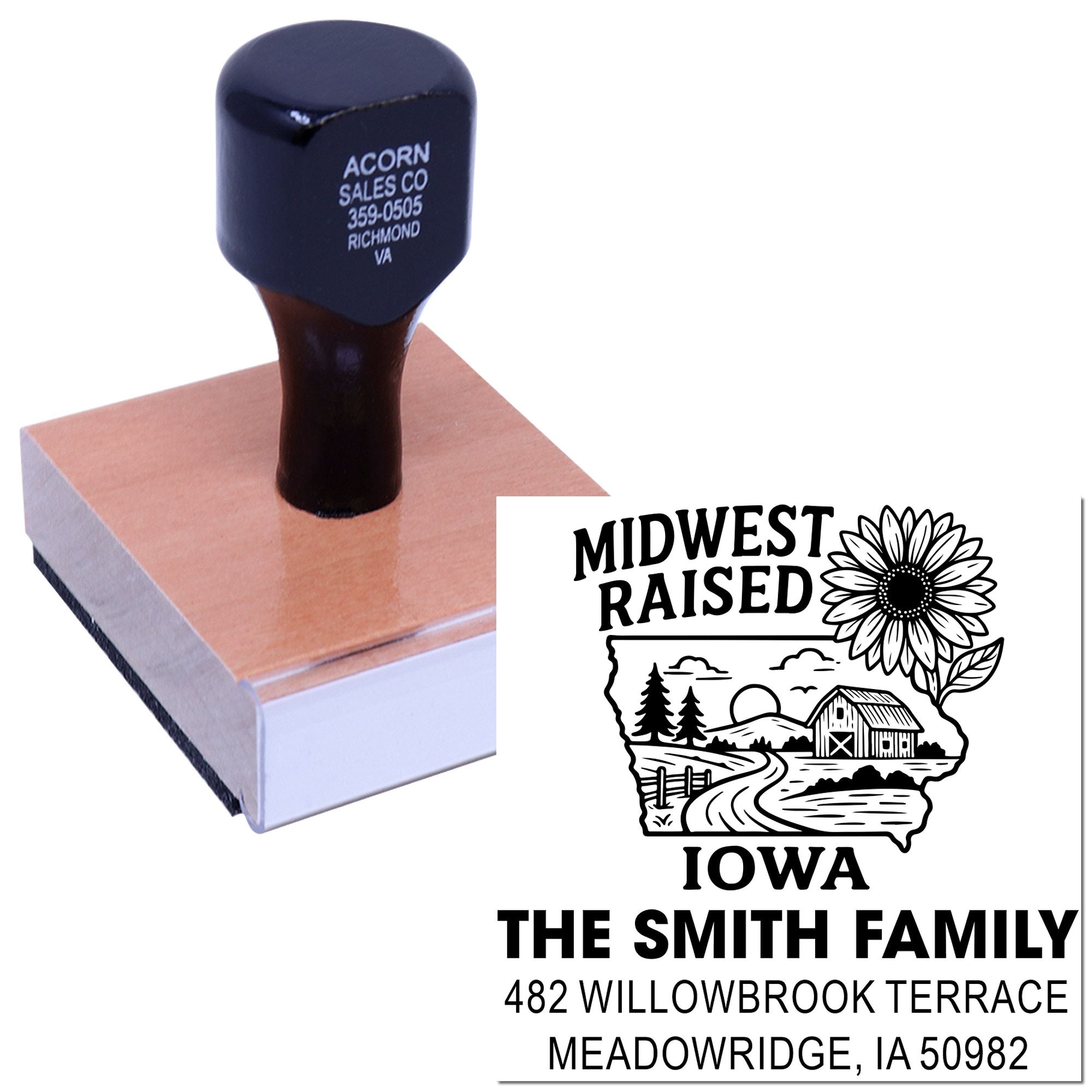 Custom rubber address stamp with Iowa state design for personalized family return addresses and mailing labels.