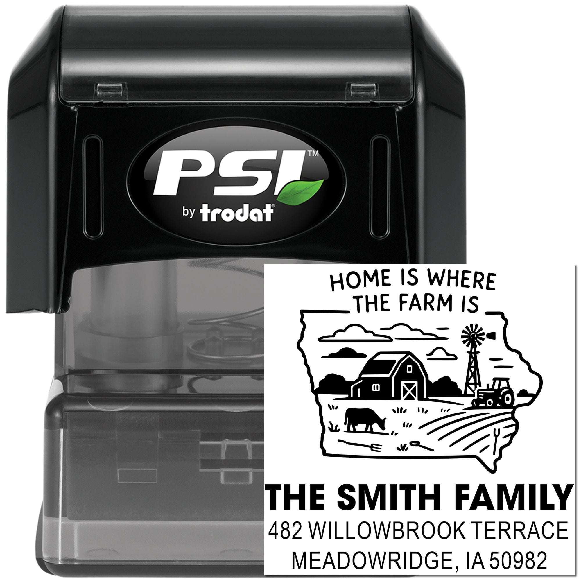 PSI by Trodat custom self-inking rubber stamp with Home Is Where the Farm Is farm family name and address design.