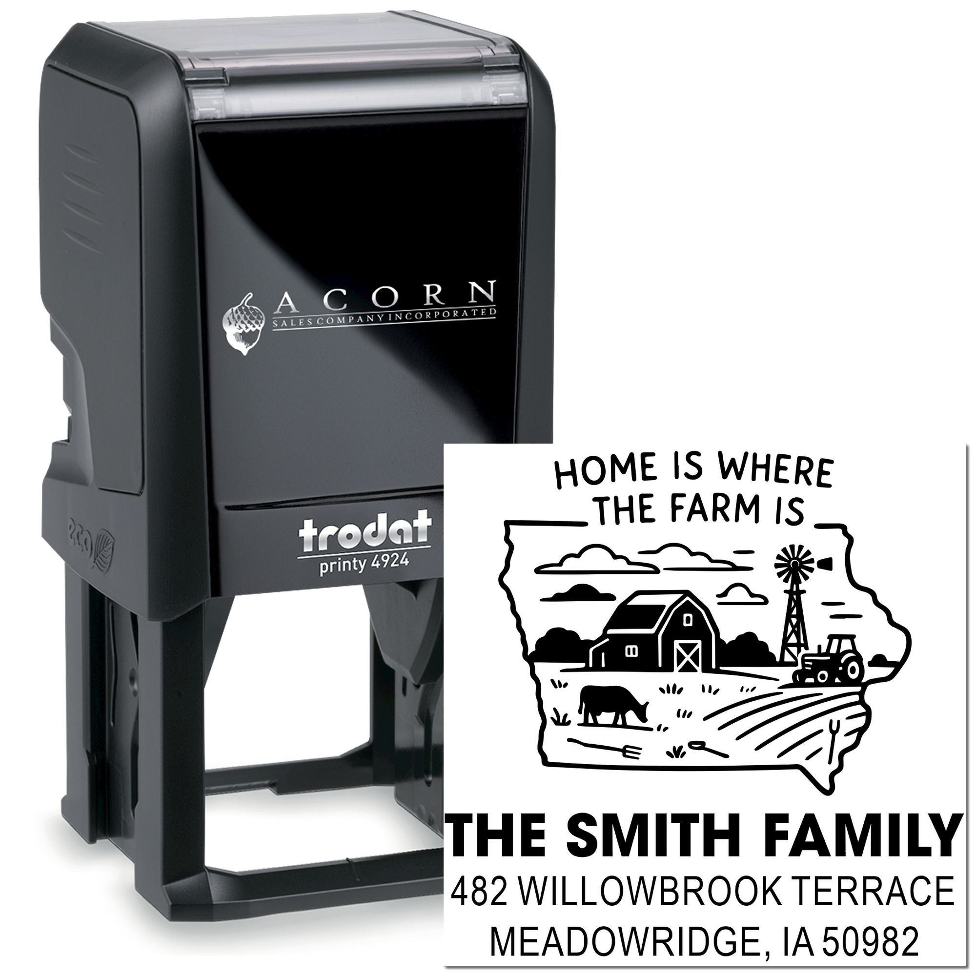 Custom self-inking rubber stamp with farmhouse design, personalized family name and address for mail, gifts, or branding.