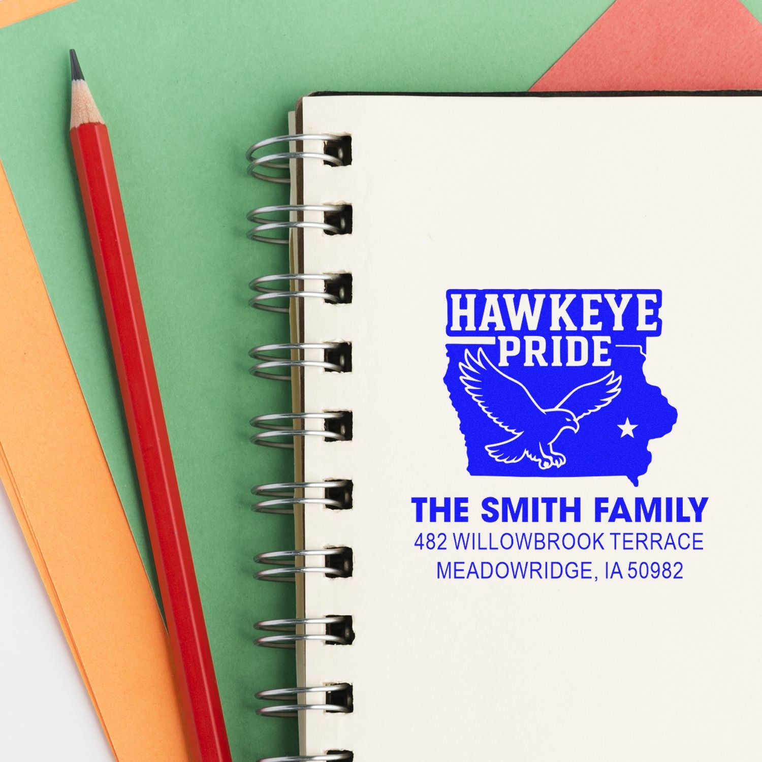 Personalized Hawkeye Pride family address rubber stamp with Iowa design and The Smith Family details.