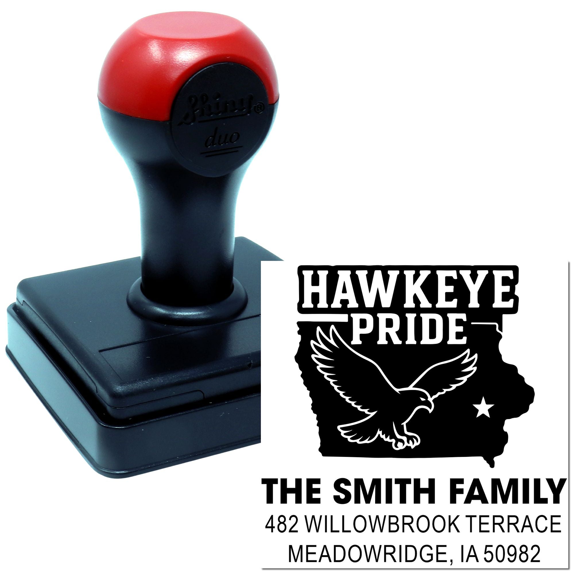 Custom self-inking rubber stamp with Hawkeye Pride Iowa design and return address for family mailing and business branding.