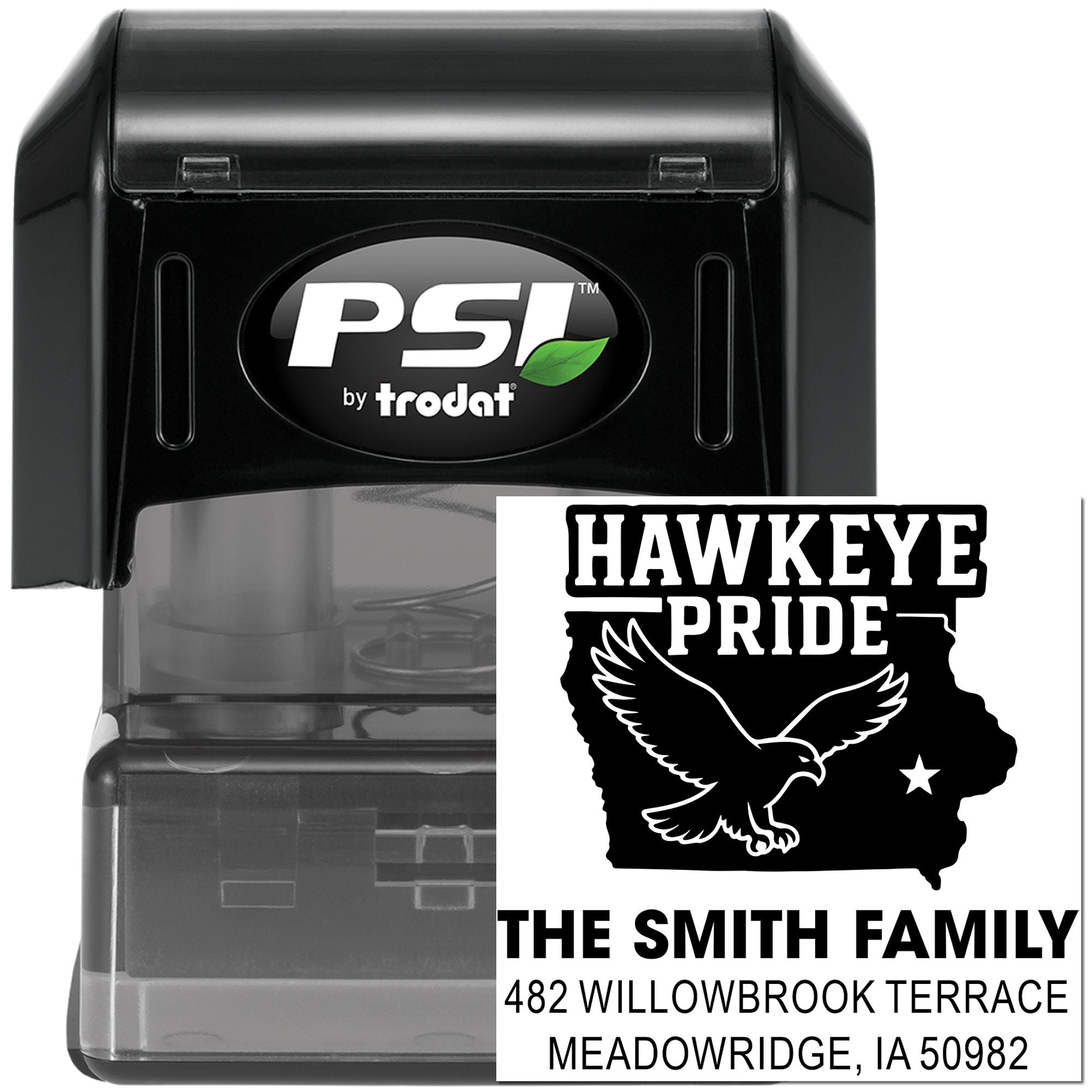 PSI by Trodat custom self-inking rubber stamp with Hawkeye Pride design and personalized family name and address