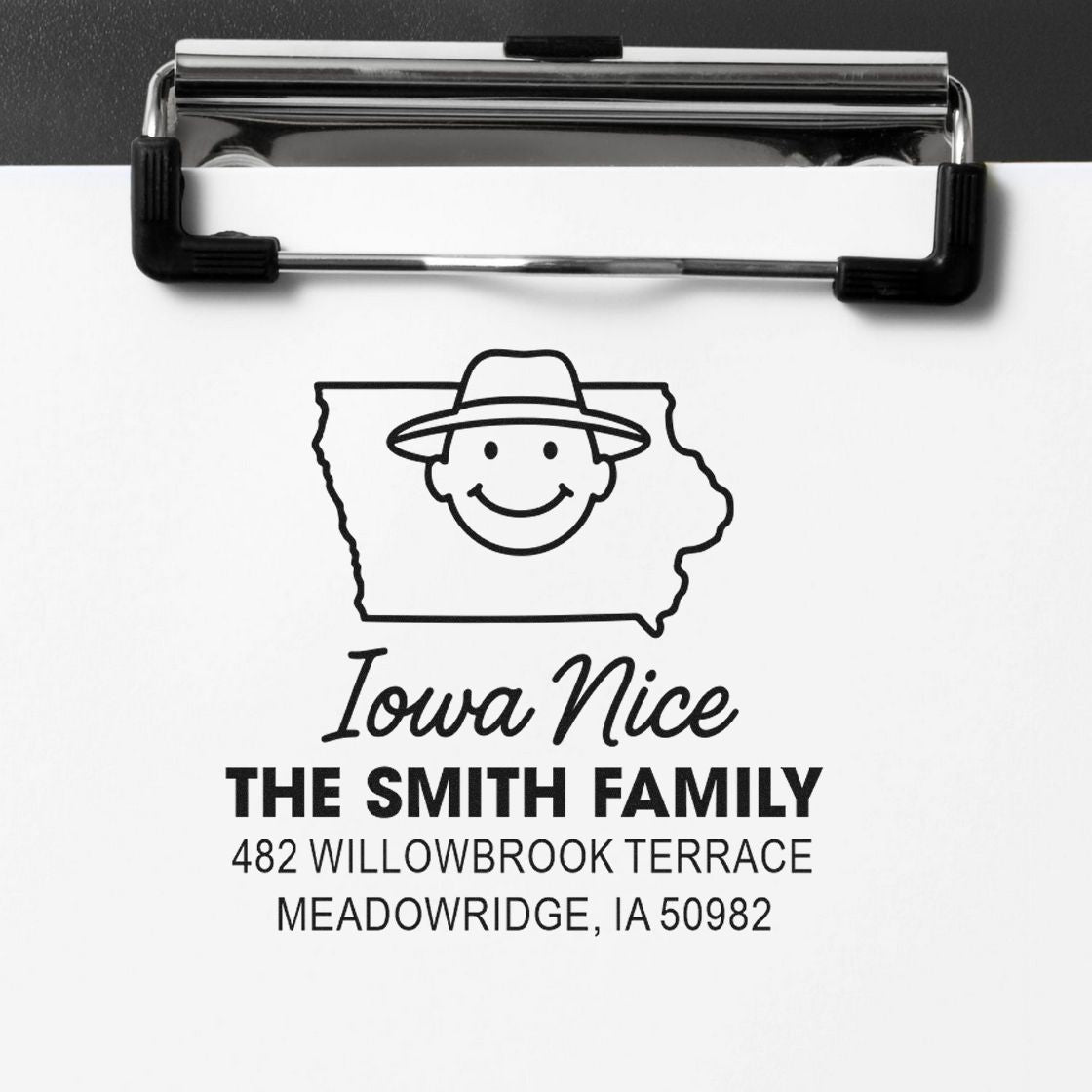 Custom Iowa Nice return address rubber stamp featuring the Smith family name, address, and Iowa outline design.