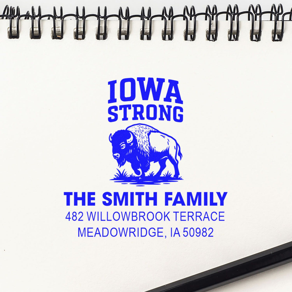 Custom family address rubber stamp reading Iowa Strong with buffalo logo, The Smith Family, and Meadowridge, IA address.
