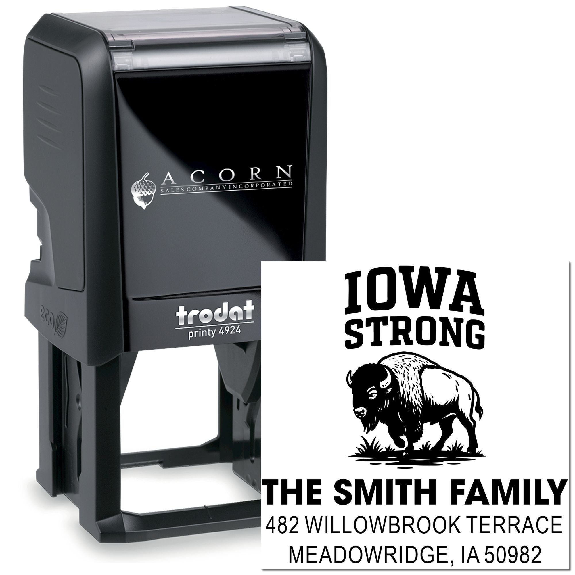 Custom self-inking rubber stamp with Iowa Strong bison design and Smith Family address, Trodat Printy 4924.