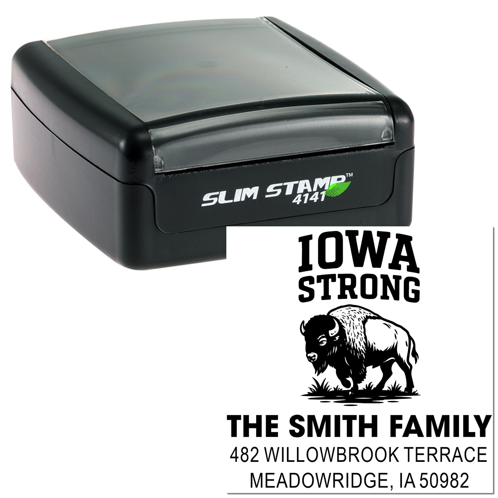 Personalized self-inking rubber address stamp featuring Iowa Strong buffalo design for The Smith Family