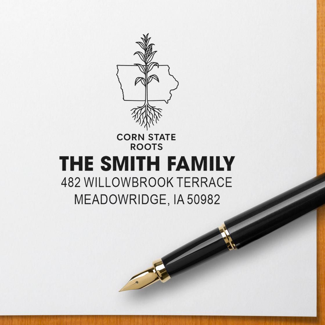 Custom rubber stamp with Iowa corn state roots design and Smith family return address for personalized envelopes