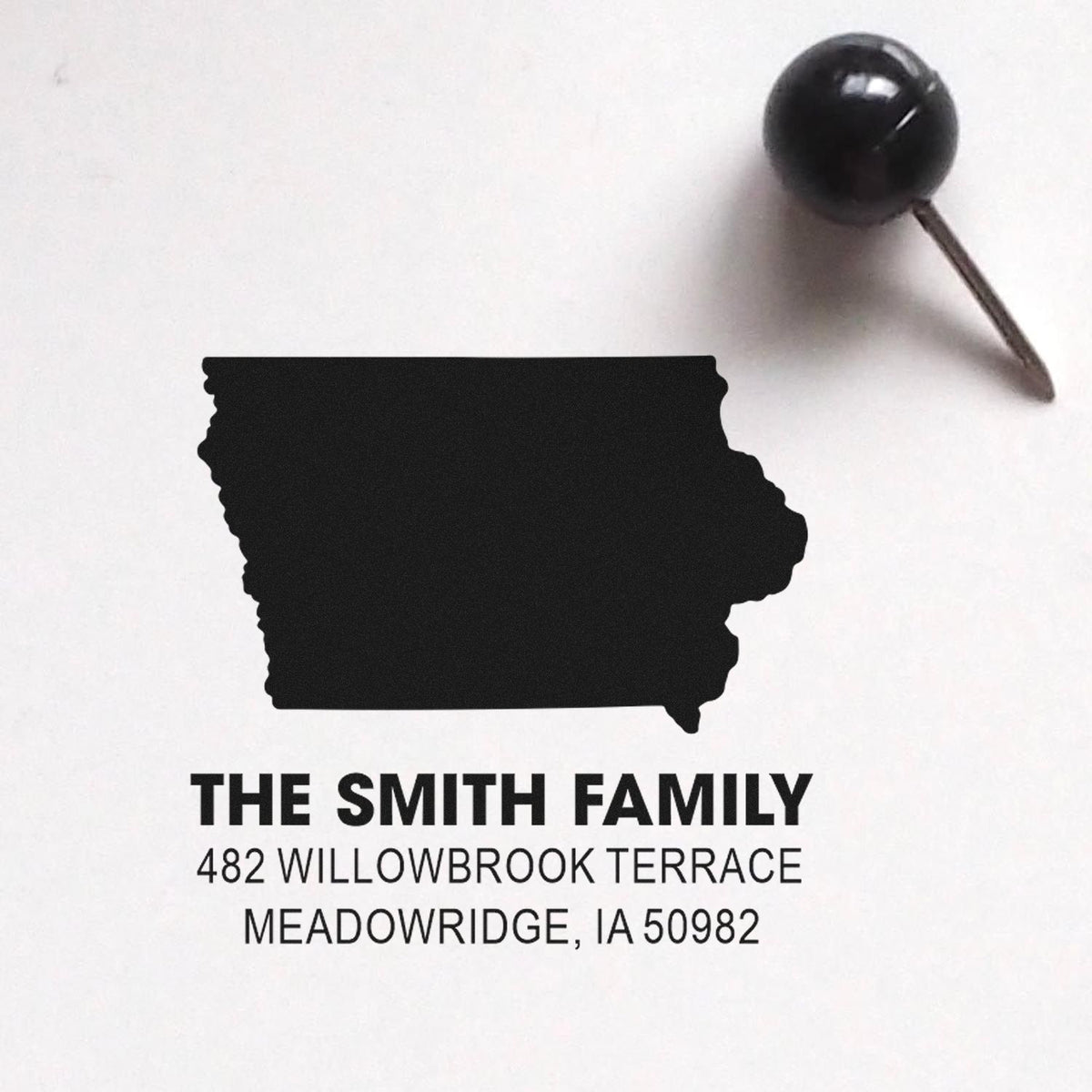 Custom rubber address stamp for The Smith Family, 482 Willowbrook Terrace, Meadowridge, IA 50982.