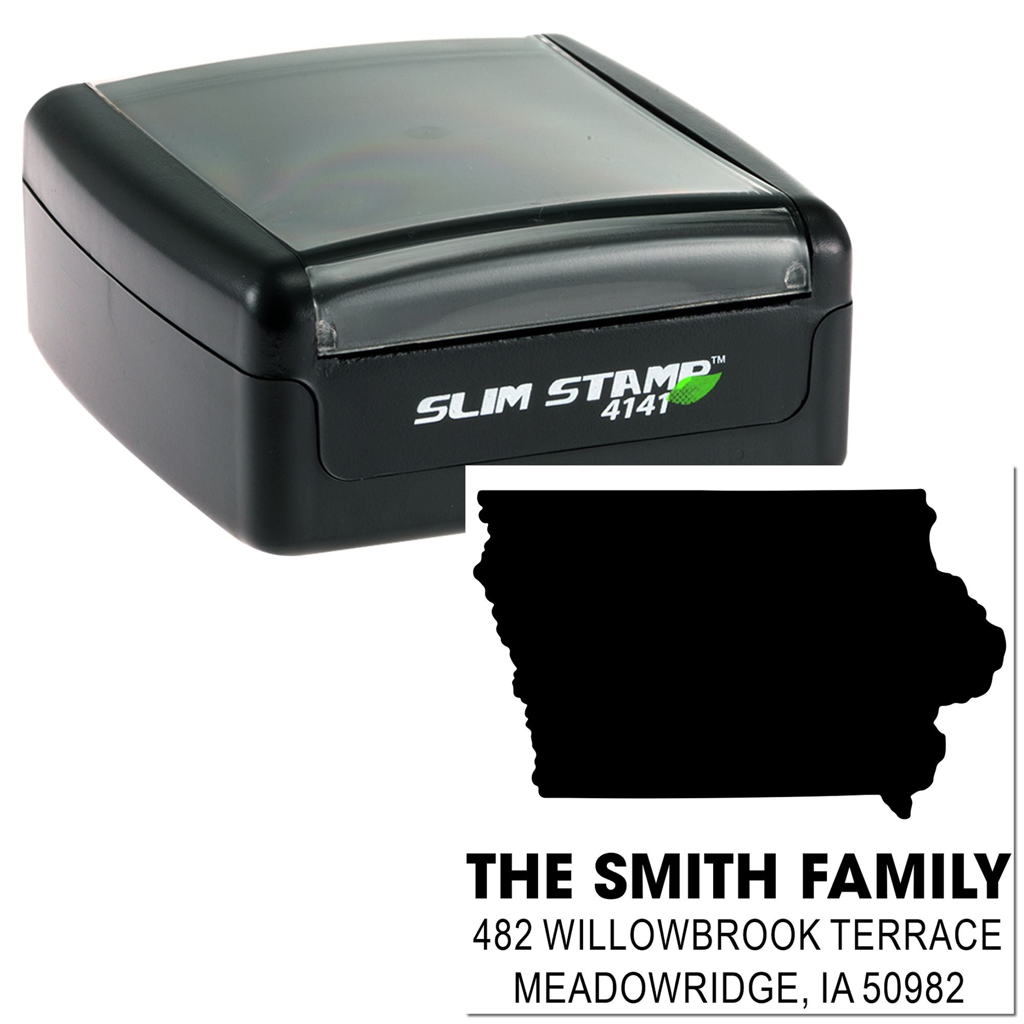 Custom self-inking rubber address stamp with Iowa silhouette, The Smith Family, 482 Willowbrook Terrace, Meadowridge, IA 50982.