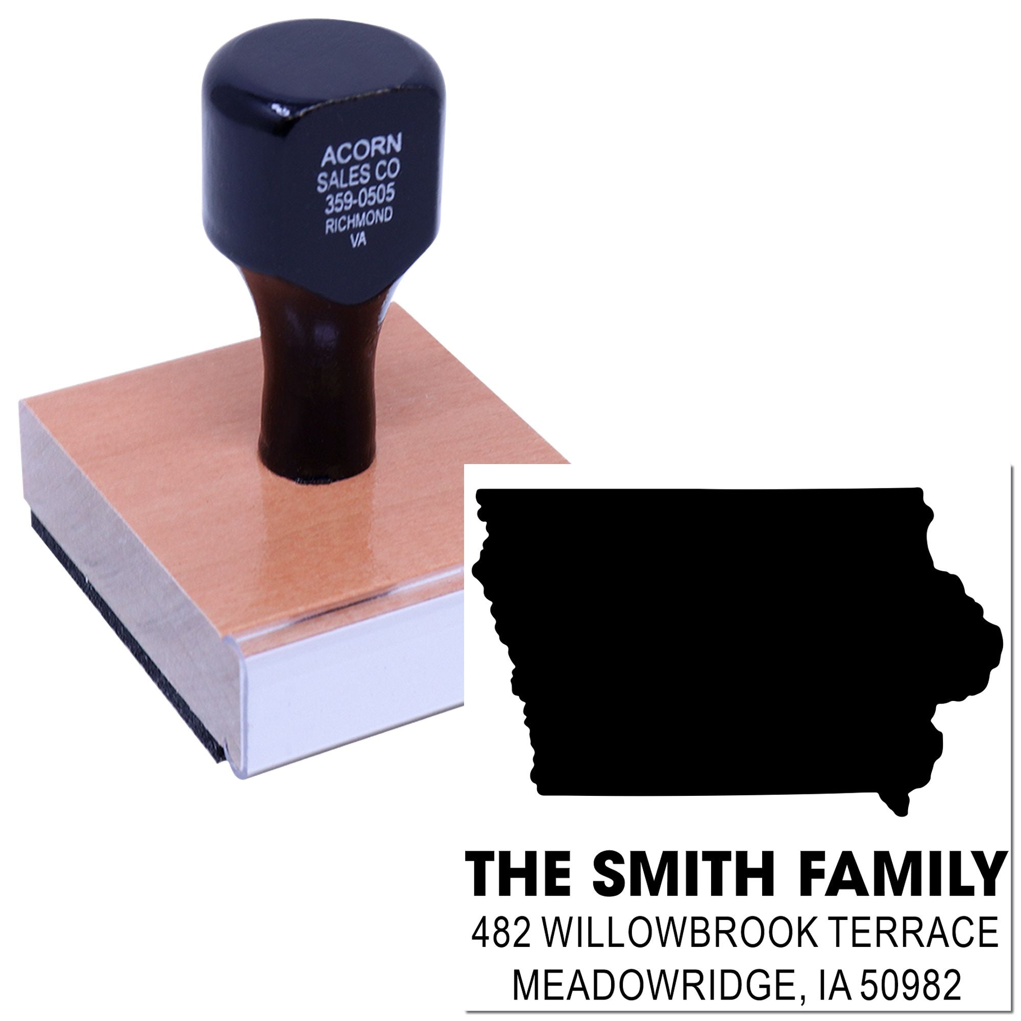 Custom rubber address stamp on wood block with personalized family name and return address imprint.