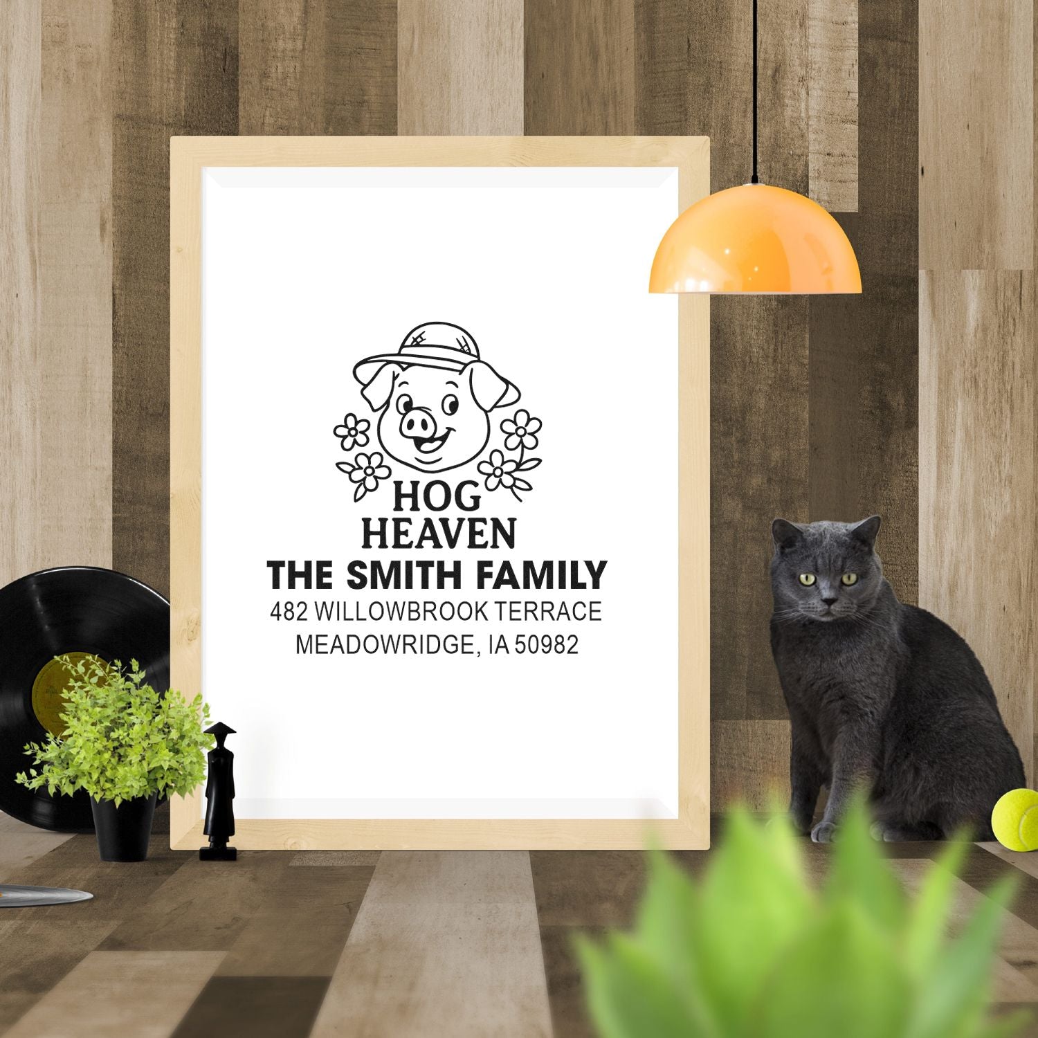 Custom Hog Heaven personalized address rubber stamp with pig design, family name, and home address for farmhouse mail.