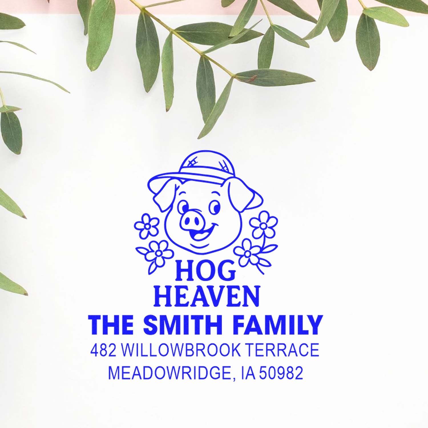 Custom pig return address rubber stamp for The Smith Family, Hog Heaven, with floral design and Meadowridge, IA address.