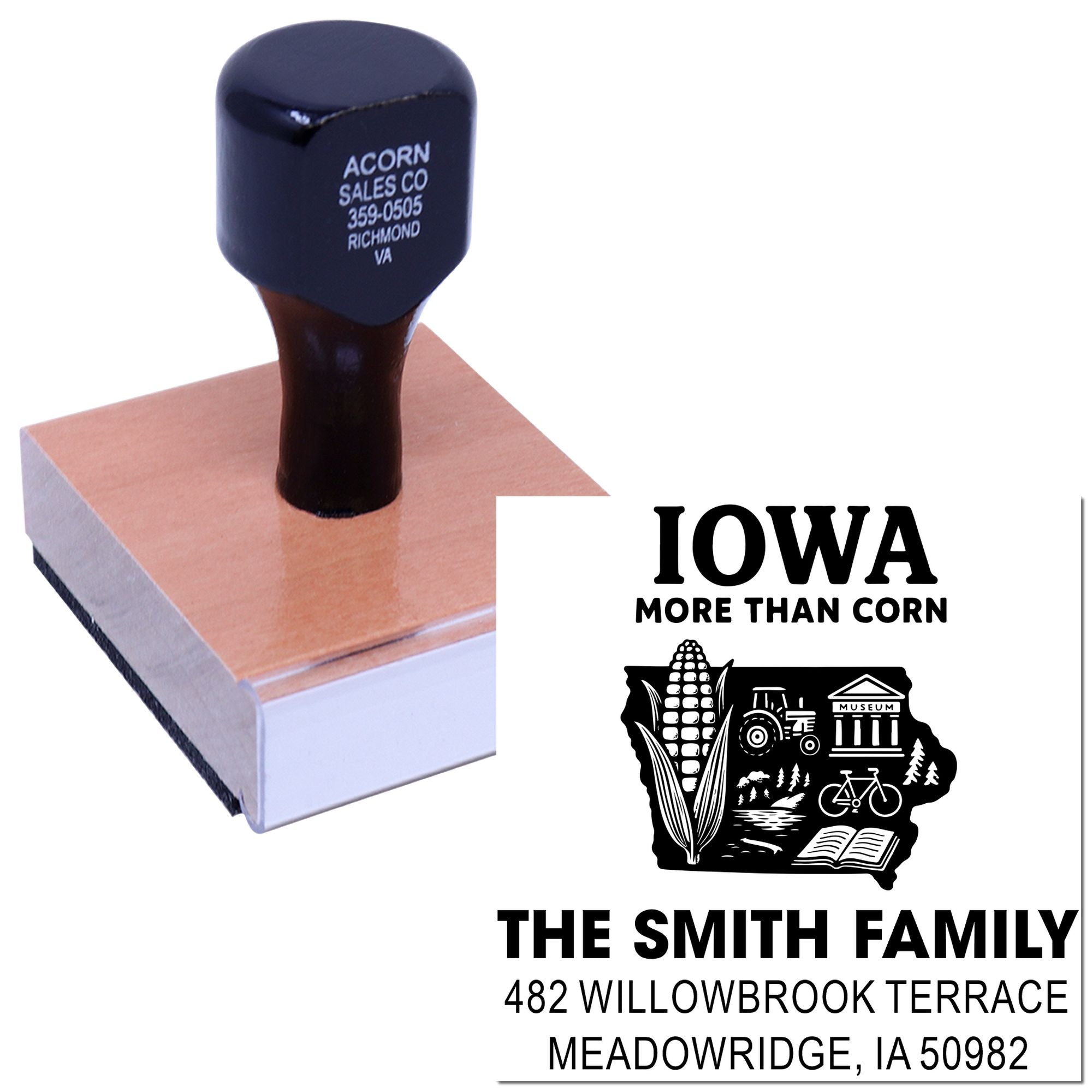 Custom Iowa return address rubber stamp for The Smith Family, featuring a state design for personal mail and crafting.