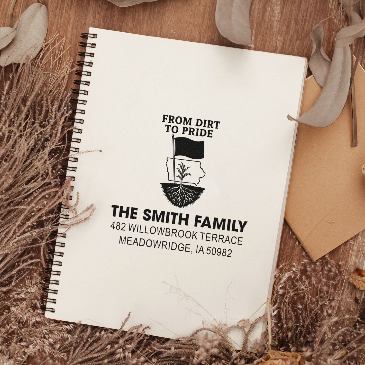 Custom family rubber stamp with farm logo and return address, From Dirt to Pride design on notebook page.
