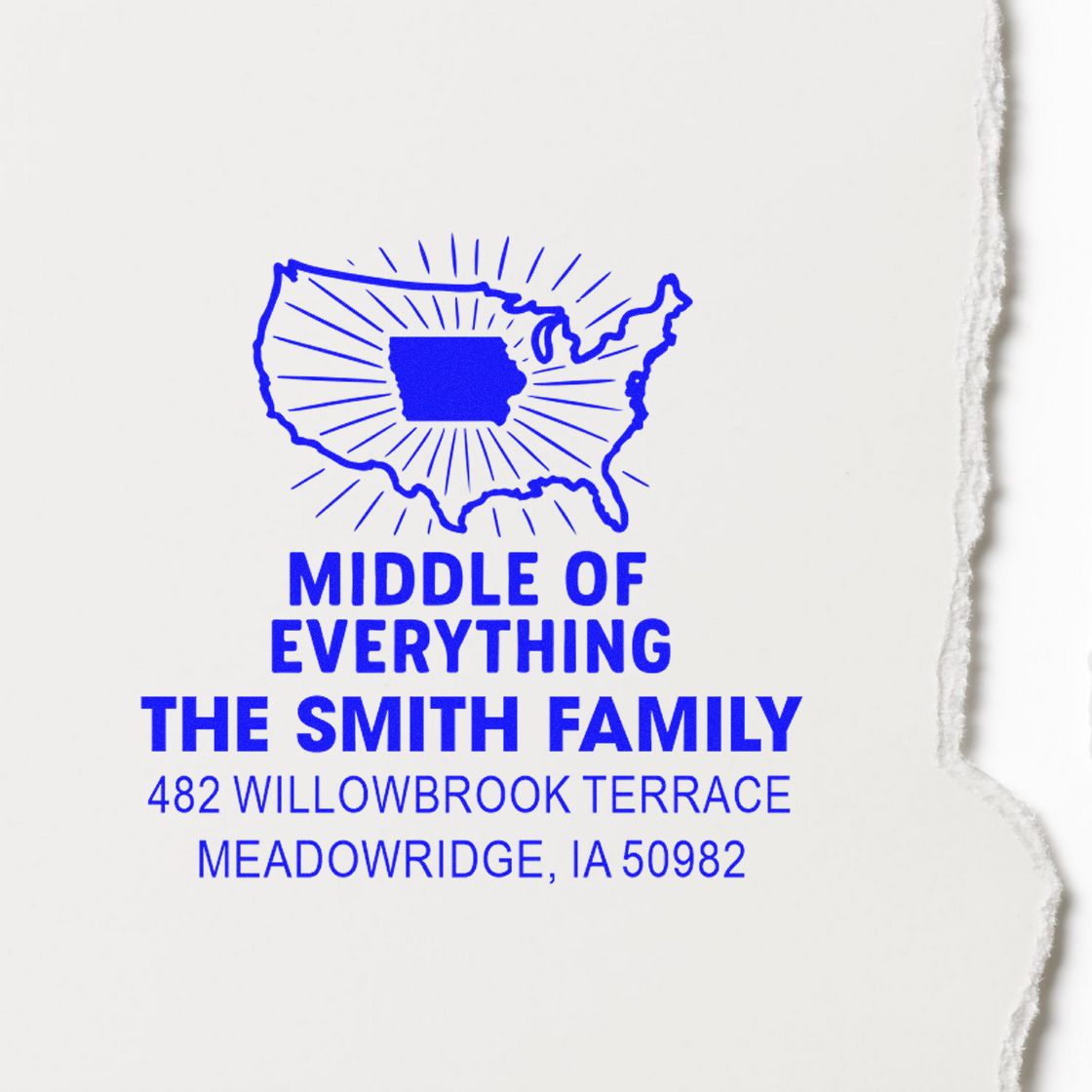 Custom return address rubber stamp for The Smith Family, with USA map design and Meadowridge, IA mailing address.