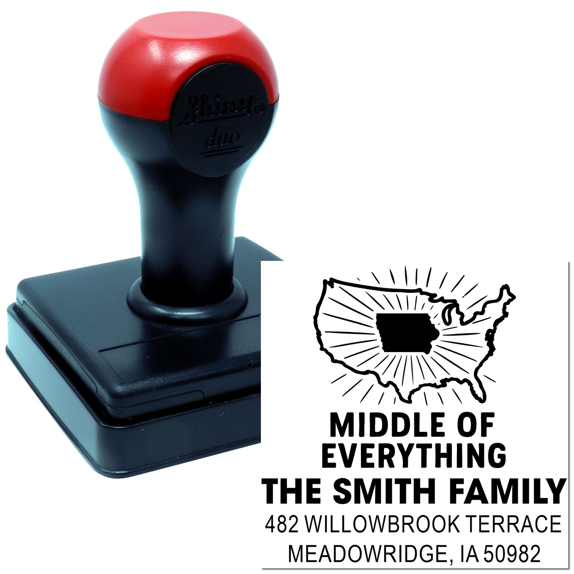 Self-inking custom rubber address stamp for The Smith Family with Iowa return address and Middle of Everything design.
