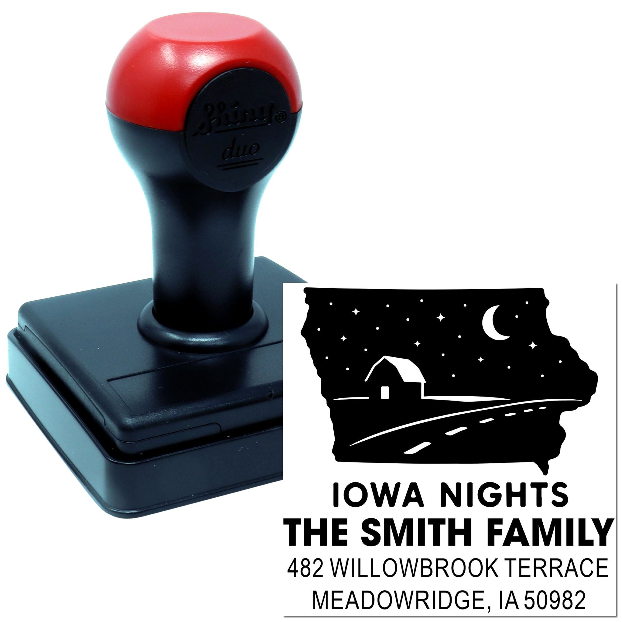 Custom self-inking address rubber stamp with Iowa Nights farmhouse design for The Smith Family, Meadowridge, Iowa.