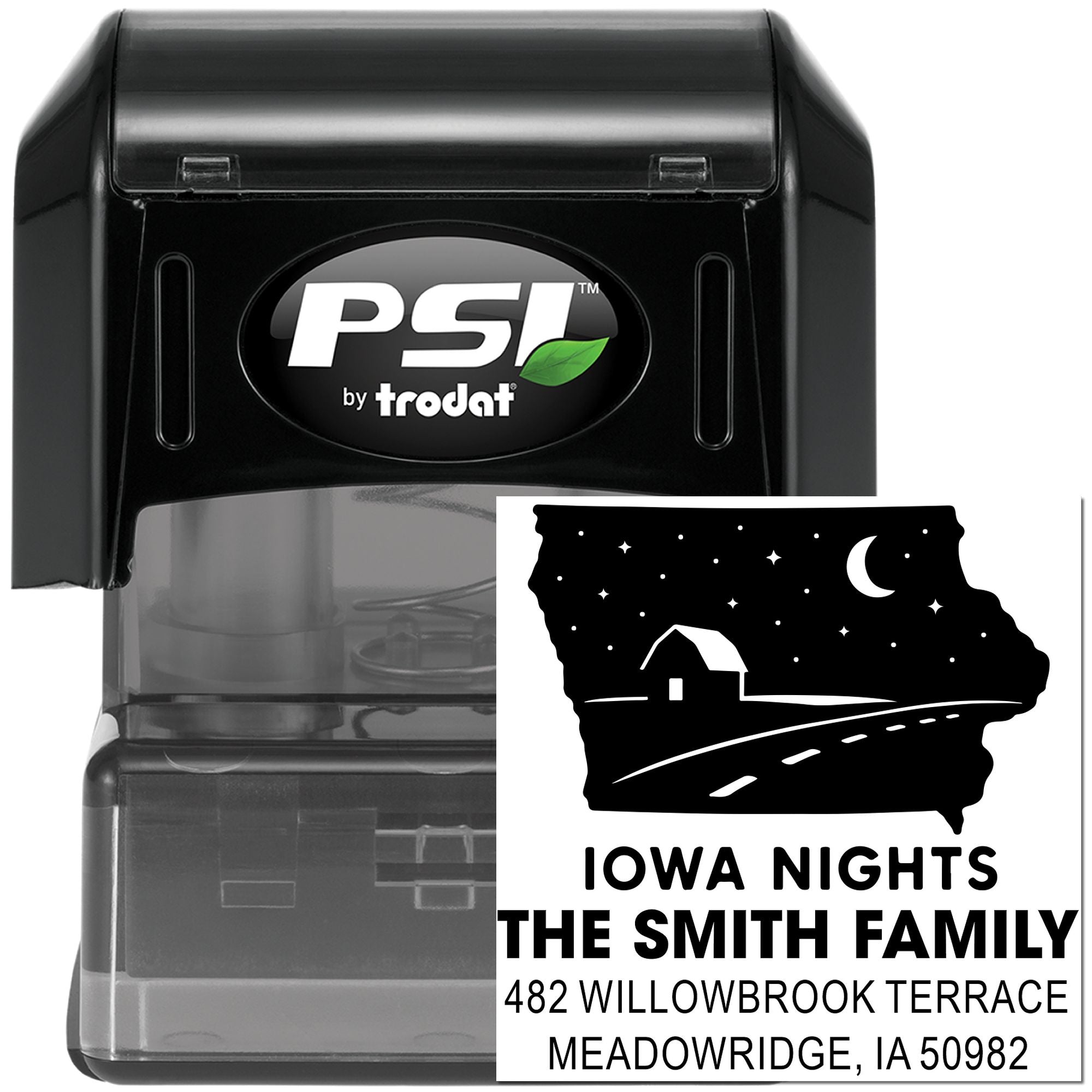 Custom self-inking rubber address stamp with Iowa Nights design, family name, and home address by PSI by Trodat.